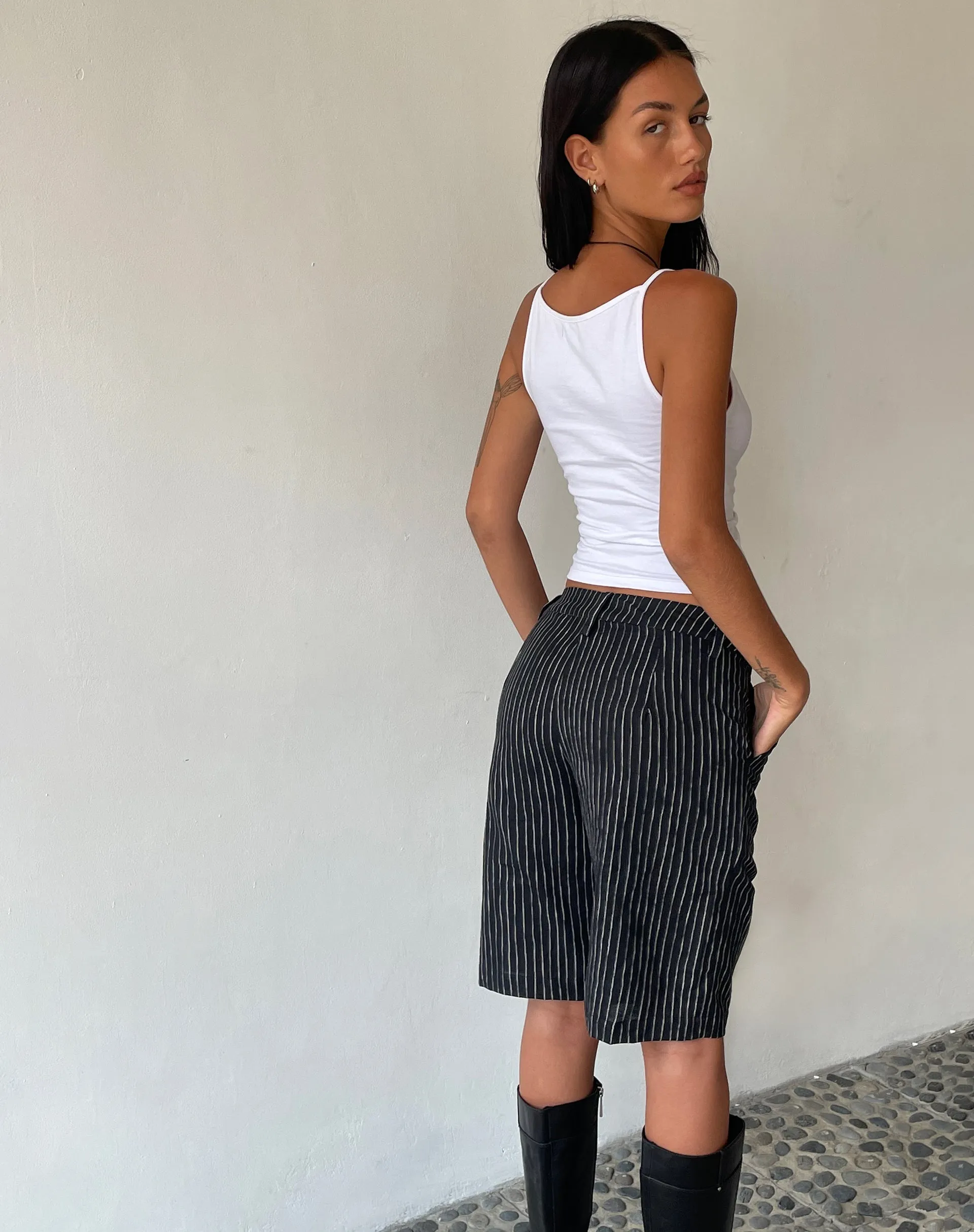 MOTEL X JACQUIE Tabaru Longline Shorts in Sketchy Stripe Black