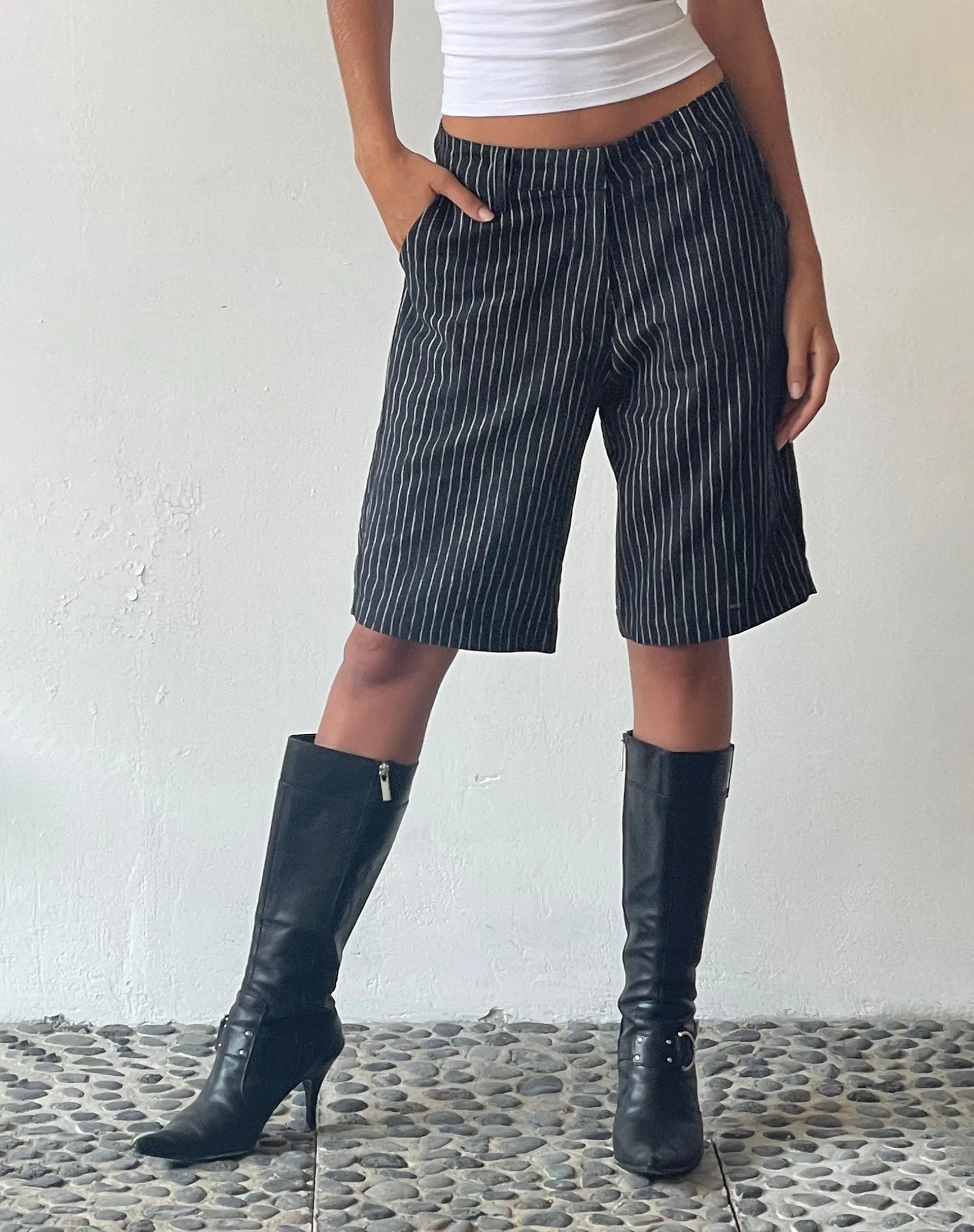 MOTEL X JACQUIE Tabaru Longline Shorts in Sketchy Stripe Black