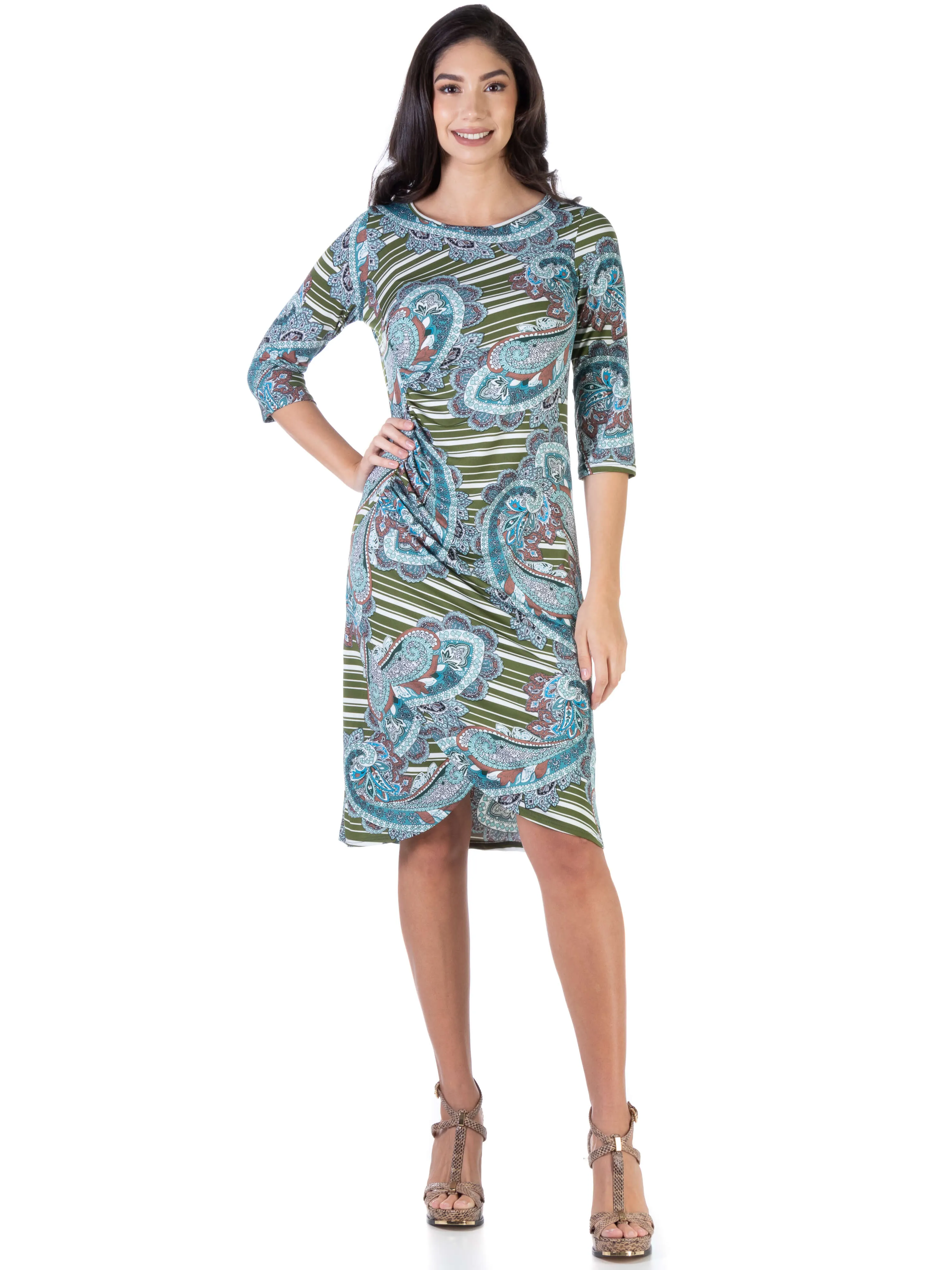 Paisley Elbow Sleeve Ruched Tulip Skirt Knee Length Dress