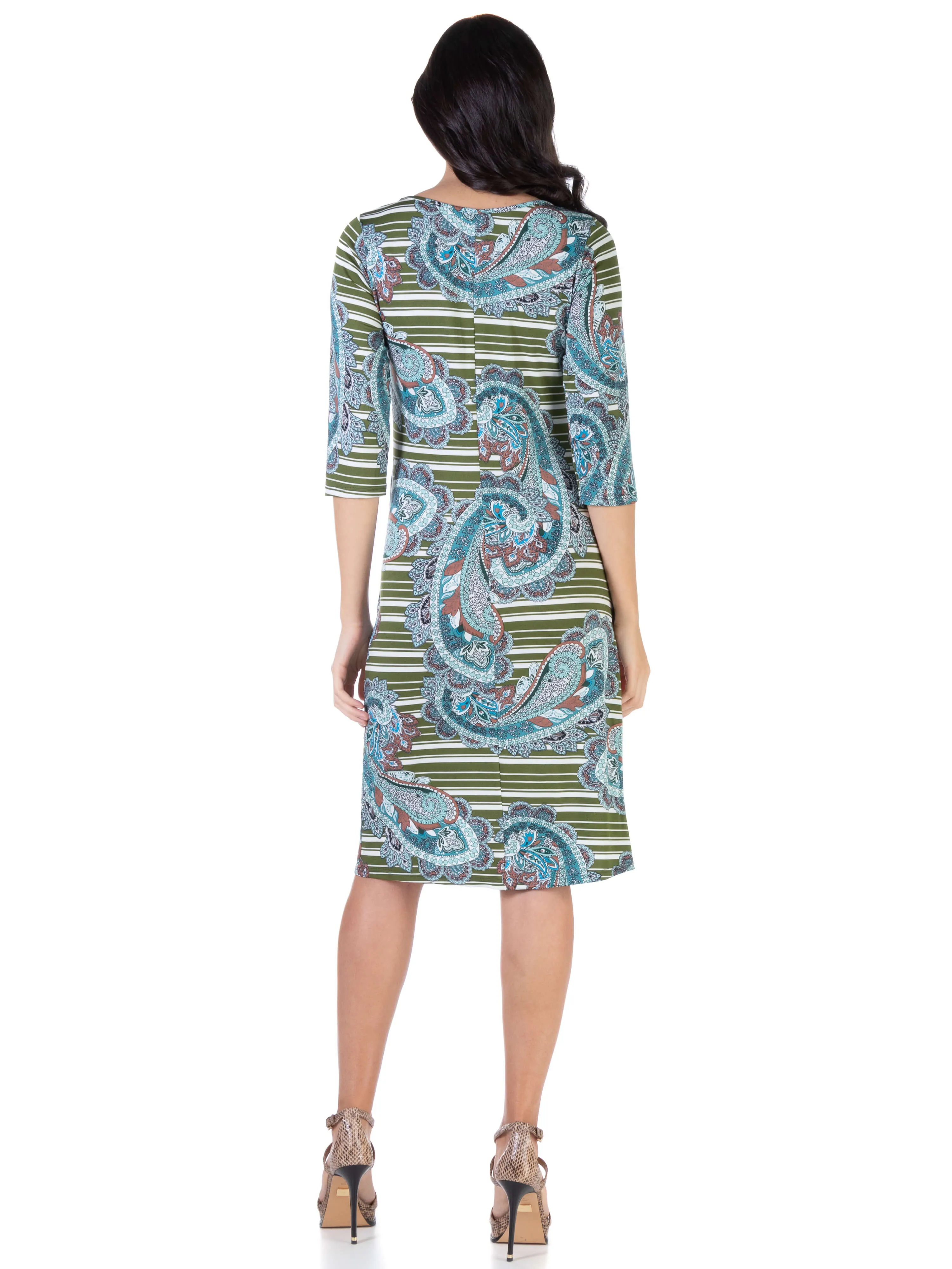 Paisley Elbow Sleeve Ruched Tulip Skirt Knee Length Dress