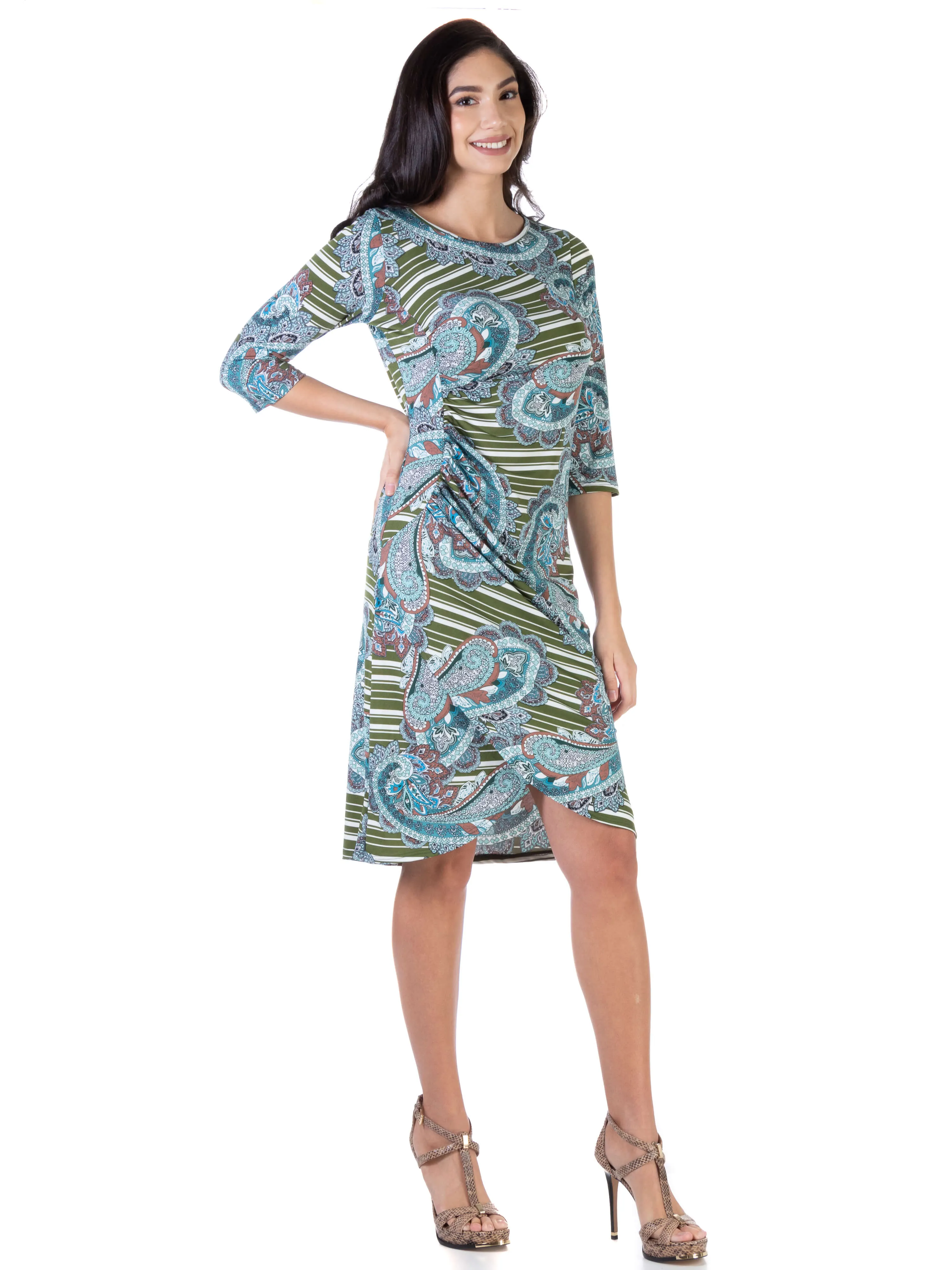 Paisley Elbow Sleeve Ruched Tulip Skirt Knee Length Dress