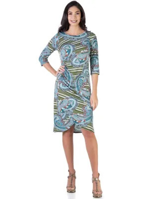 Paisley Elbow Sleeve Ruched Tulip Skirt Knee Length Dress