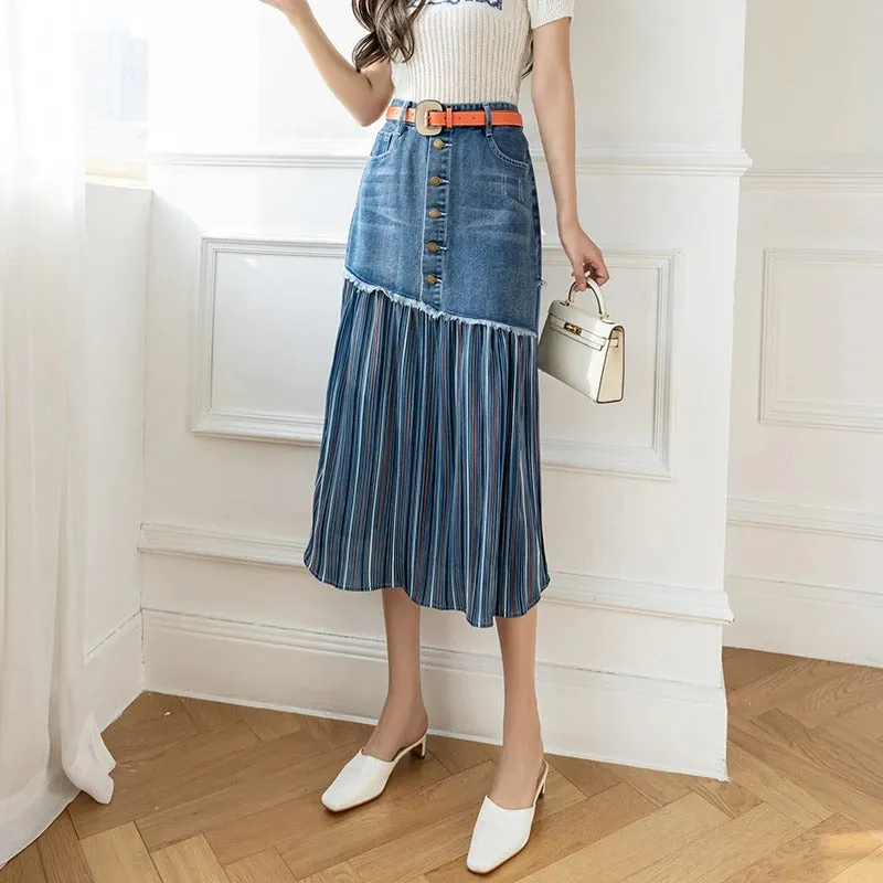 Patchwork Denim Style Pleated High Waist Ripped Long Skirts