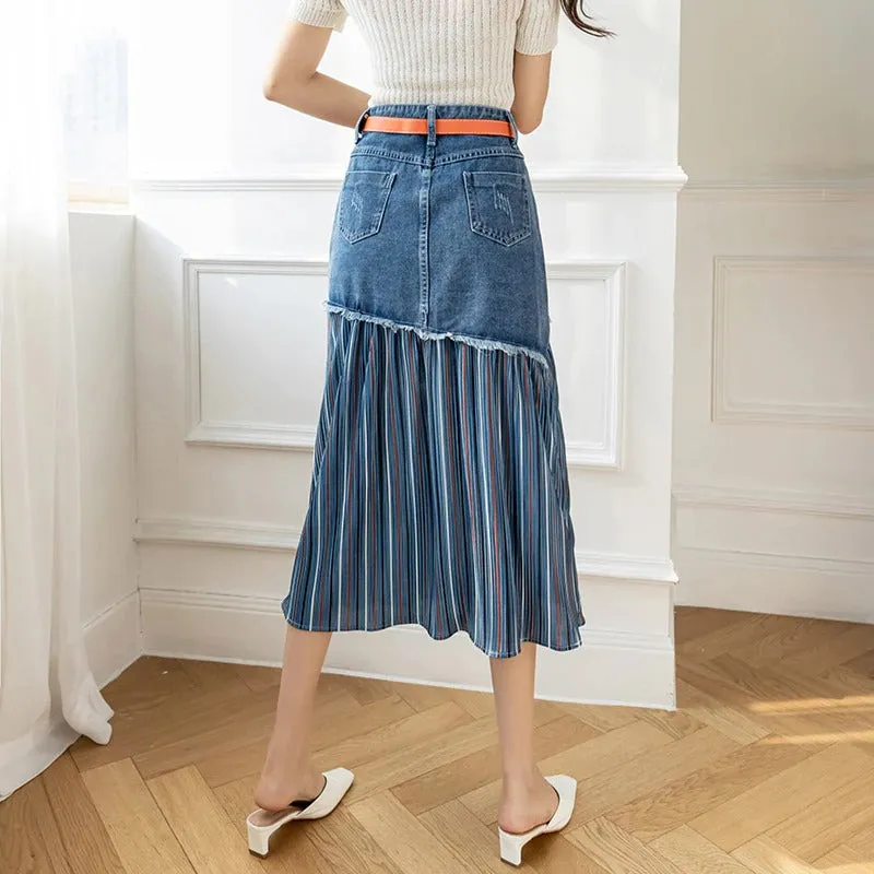 Patchwork Denim Style Pleated High Waist Ripped Long Skirts