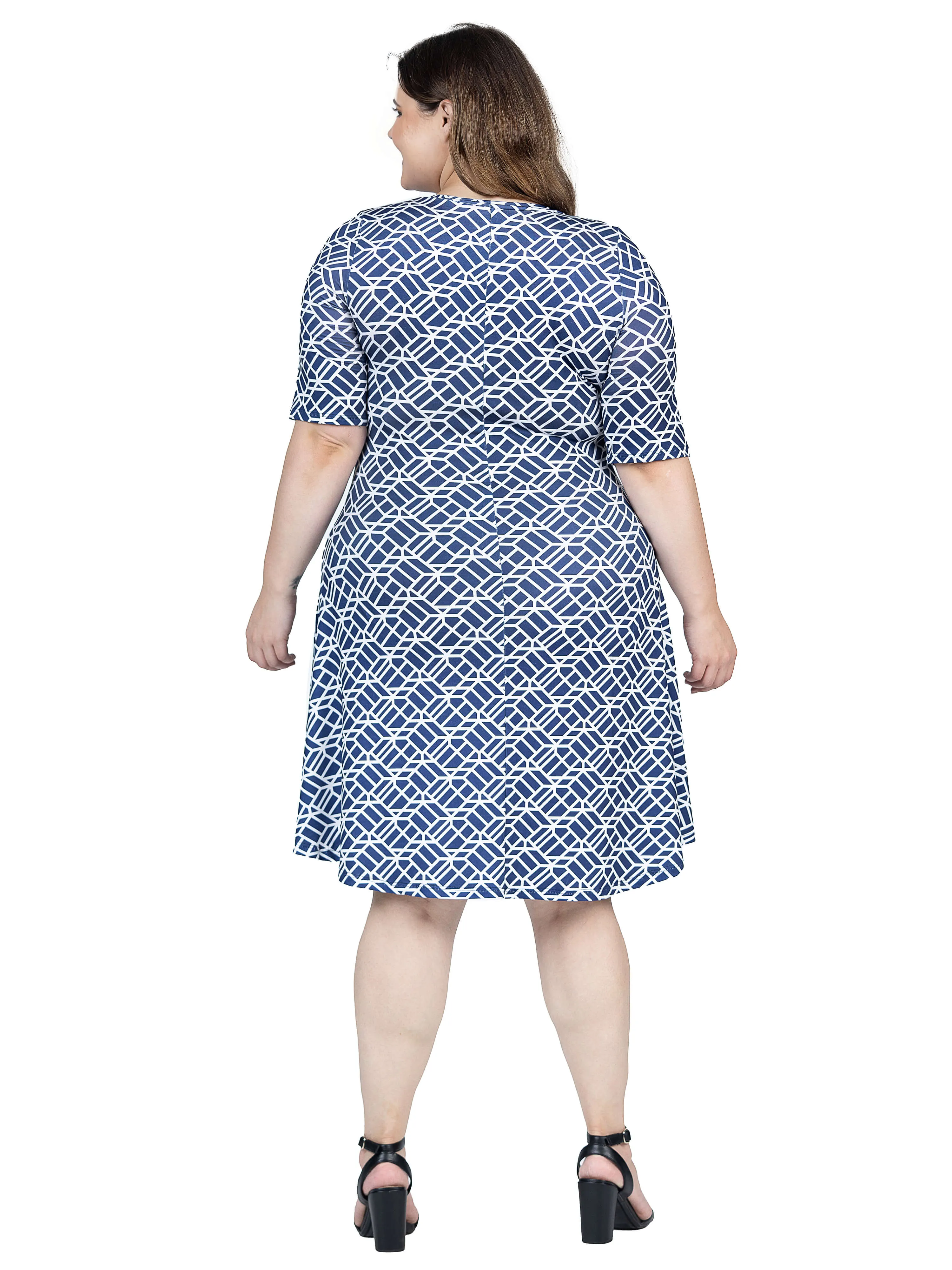 Plus Size Navy Geometric Print Knee Length Elbow Sleeve Dress