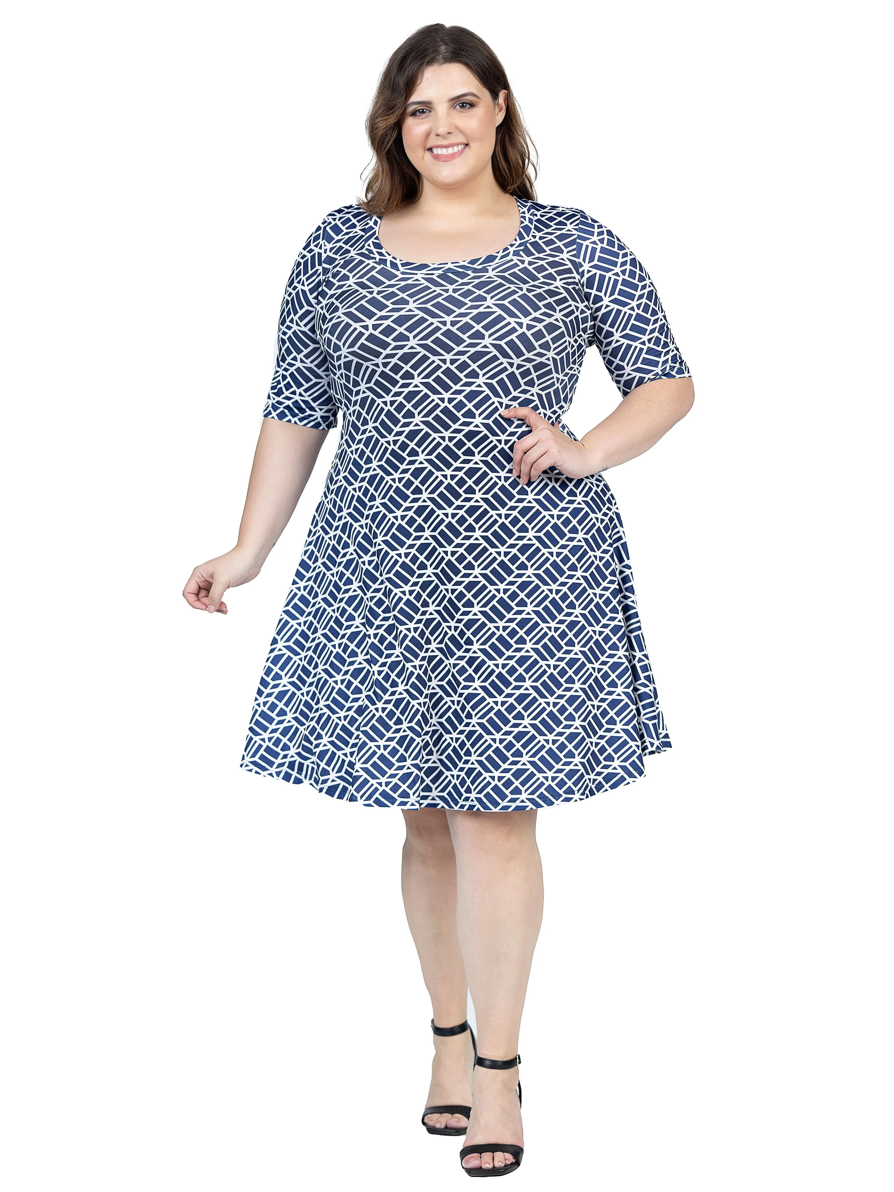 Plus Size Navy Geometric Print Knee Length Elbow Sleeve Dress