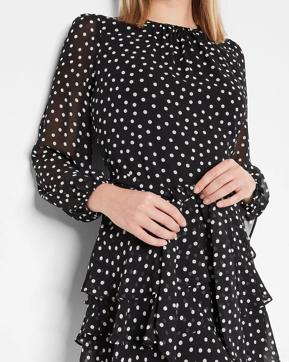 Polka Dot Long Sleeve Tie Waist Tiered Ruffle Dress in Black Print