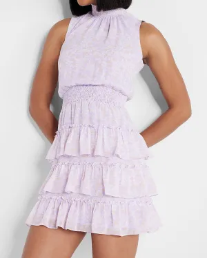 Printed Sleeveless Mock Neck Tiered Ruffle Dress in Purple Print