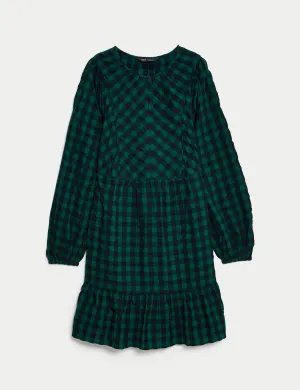 Pure Cotton Checked Knee Length Tiered Dress