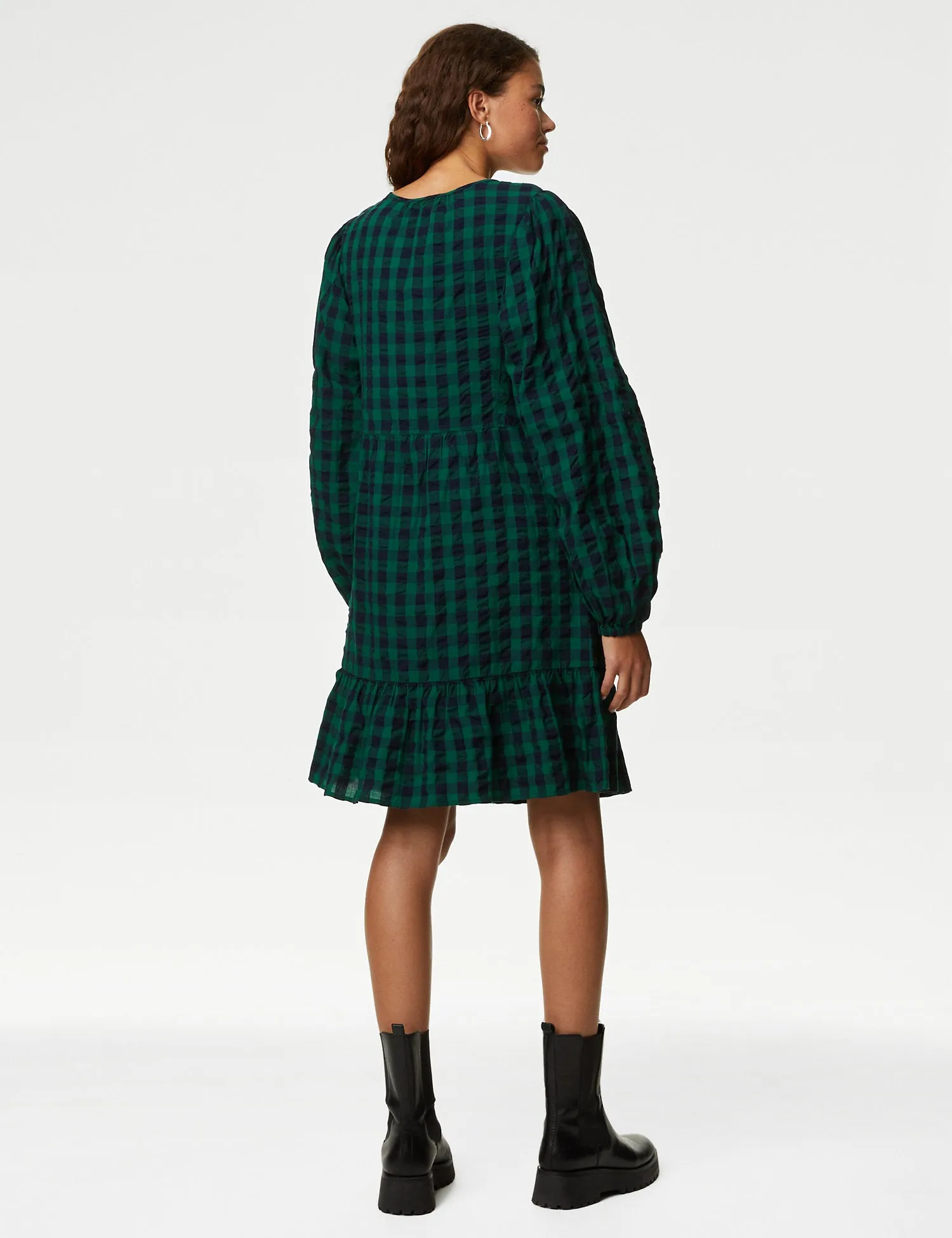 Pure Cotton Checked Knee Length Tiered Dress