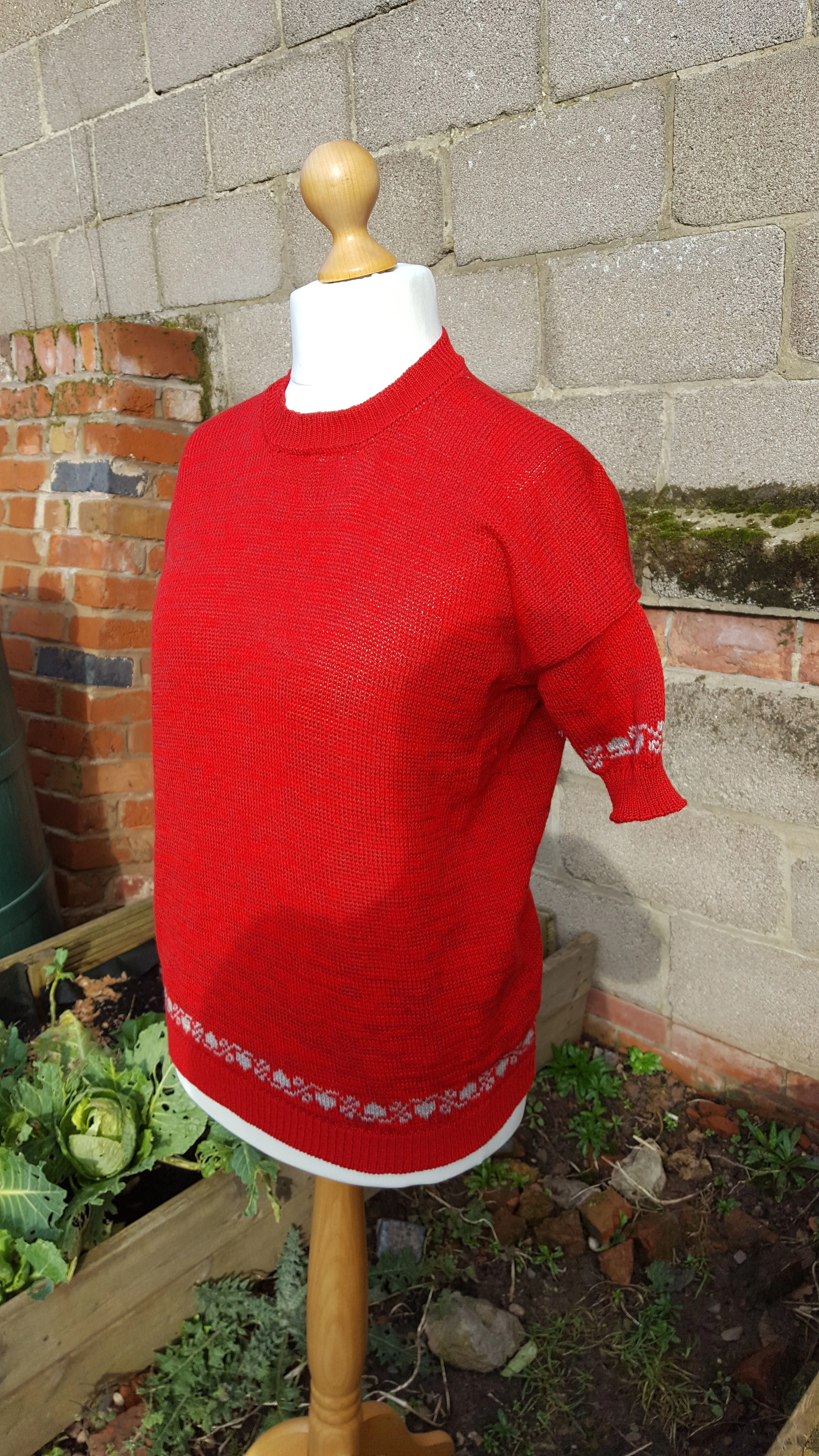 "Bella" ladies short sleeve fair isle detailed tee shirt styled sweater in cotton rich yarns,