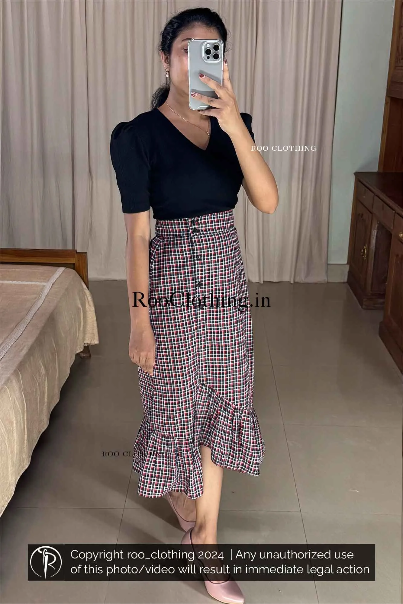 Red Tartan Checked A-Line Cotton Skirt with Layered Frill Hem (Skirt Only)