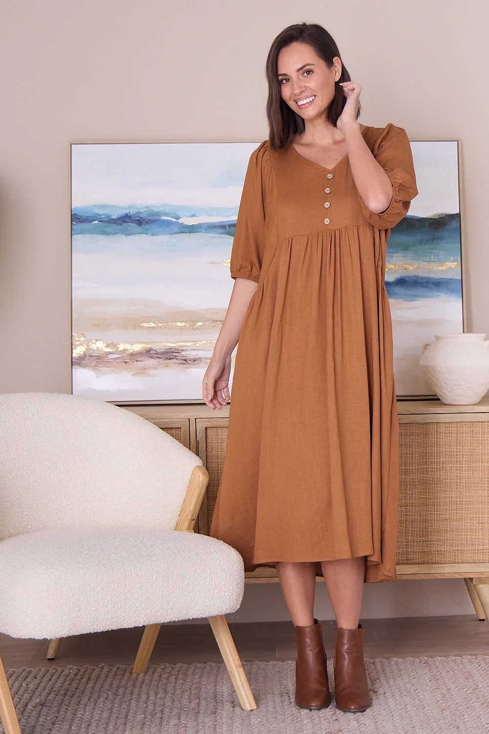 Sabina Linen Dress - Brown