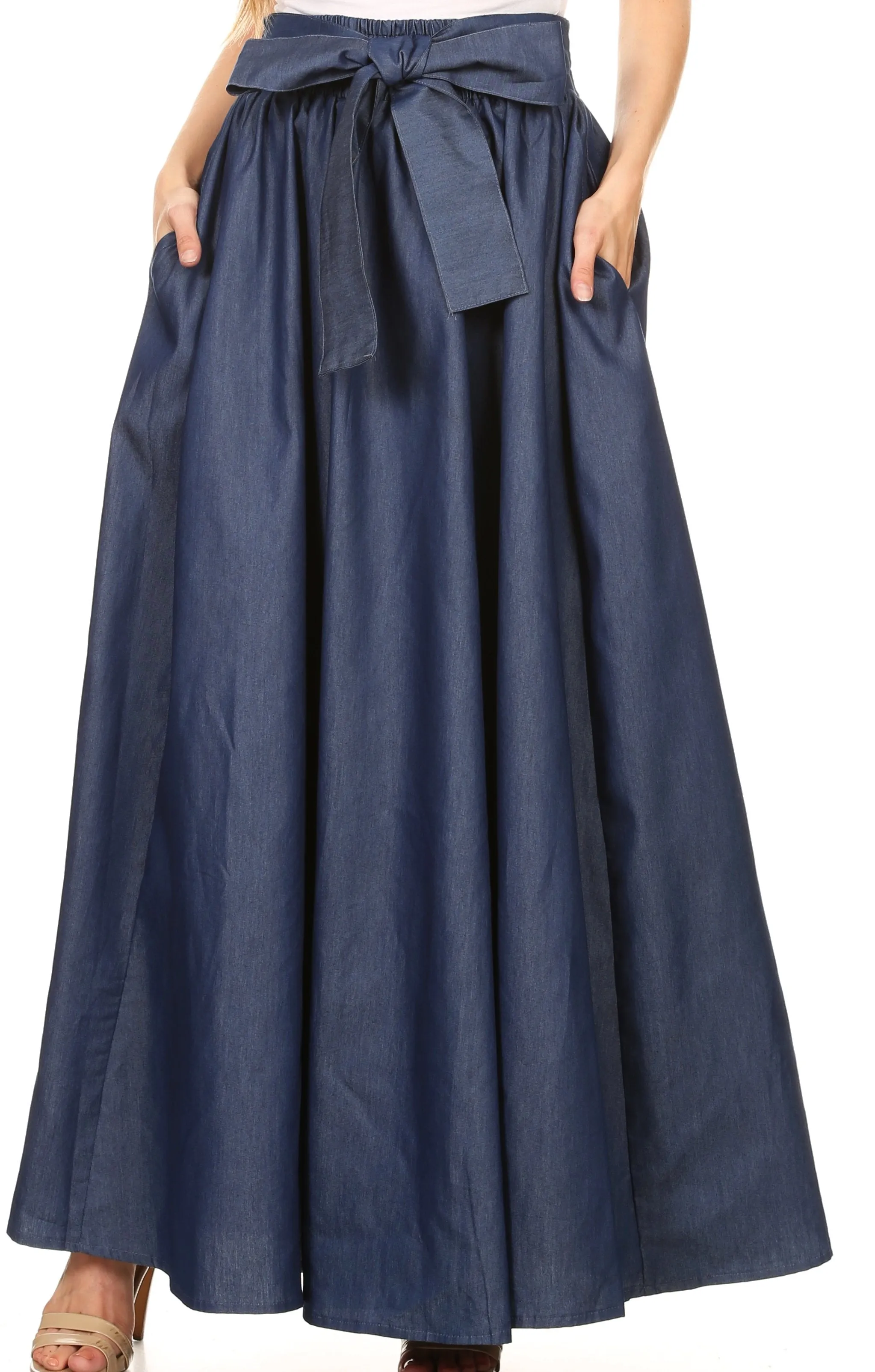 Sakkas Adisa Long Maxi Chambray Boho Casual Skirt with Elastic Waist