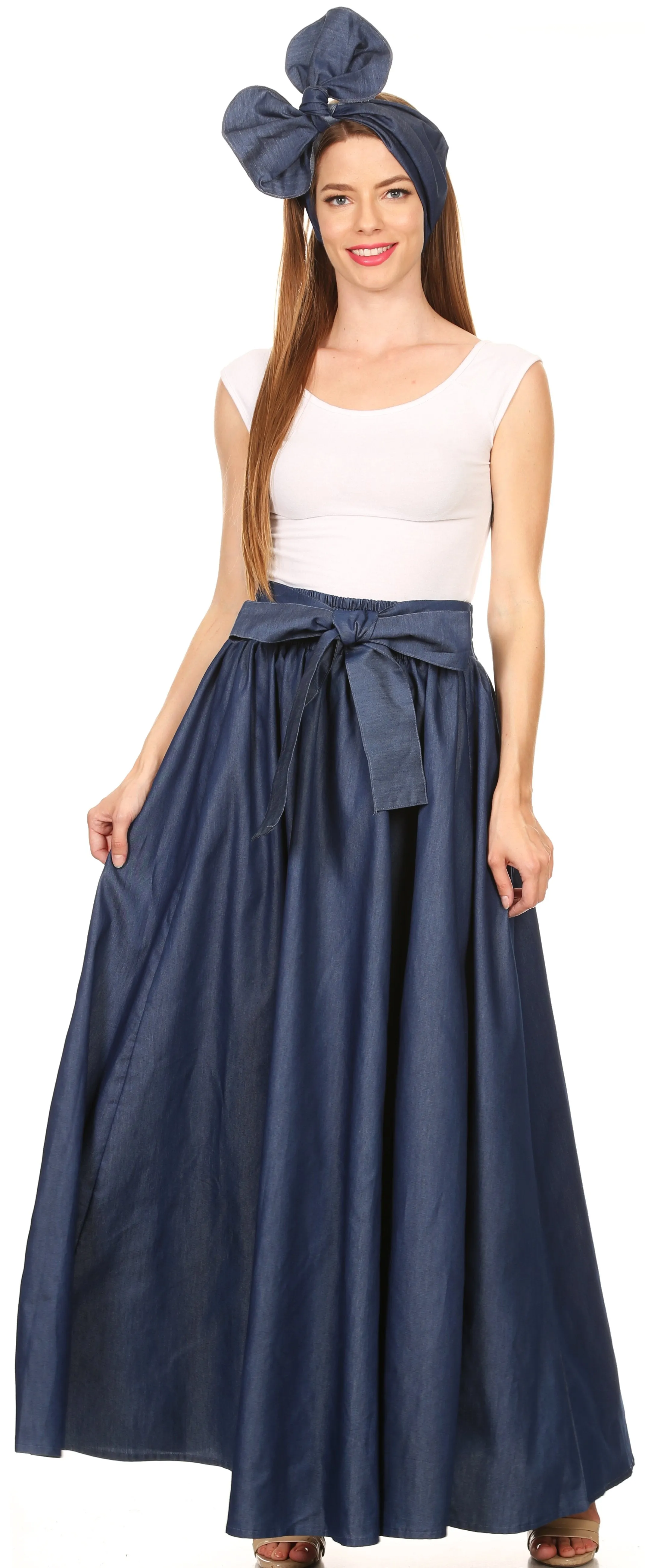 Sakkas Adisa Long Maxi Chambray Boho Casual Skirt with Elastic Waist