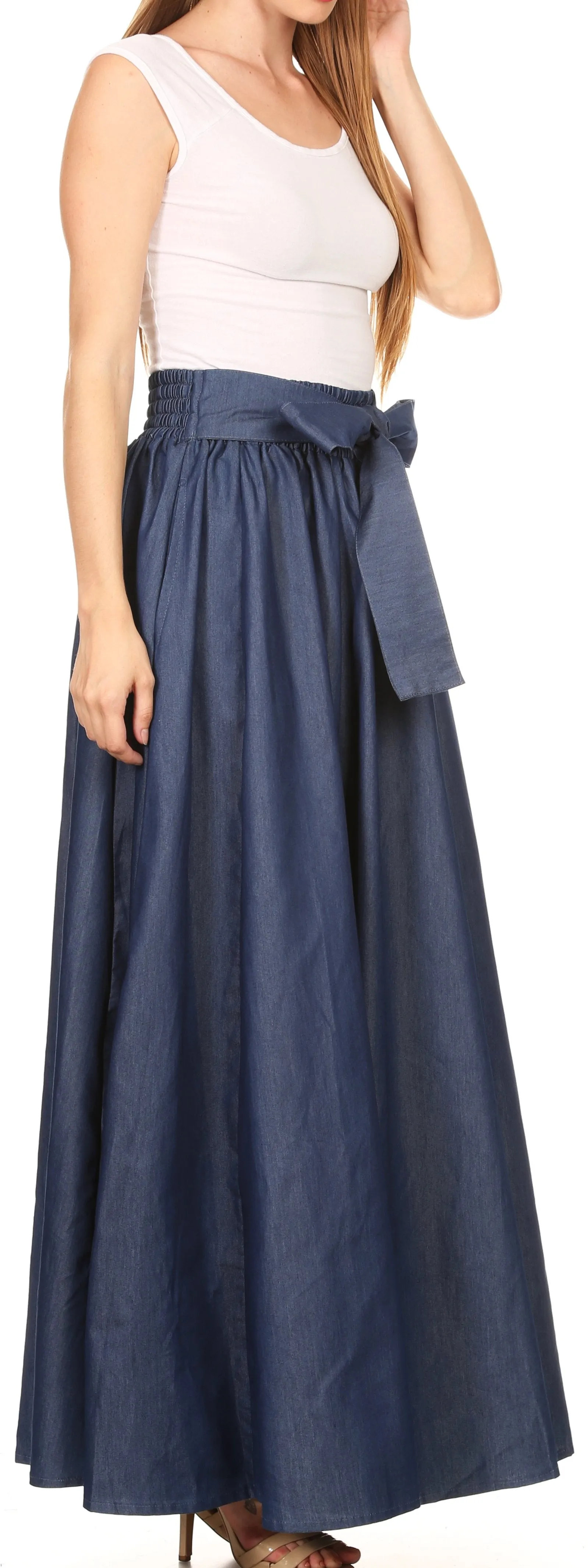 Sakkas Adisa Long Maxi Chambray Boho Casual Skirt with Elastic Waist