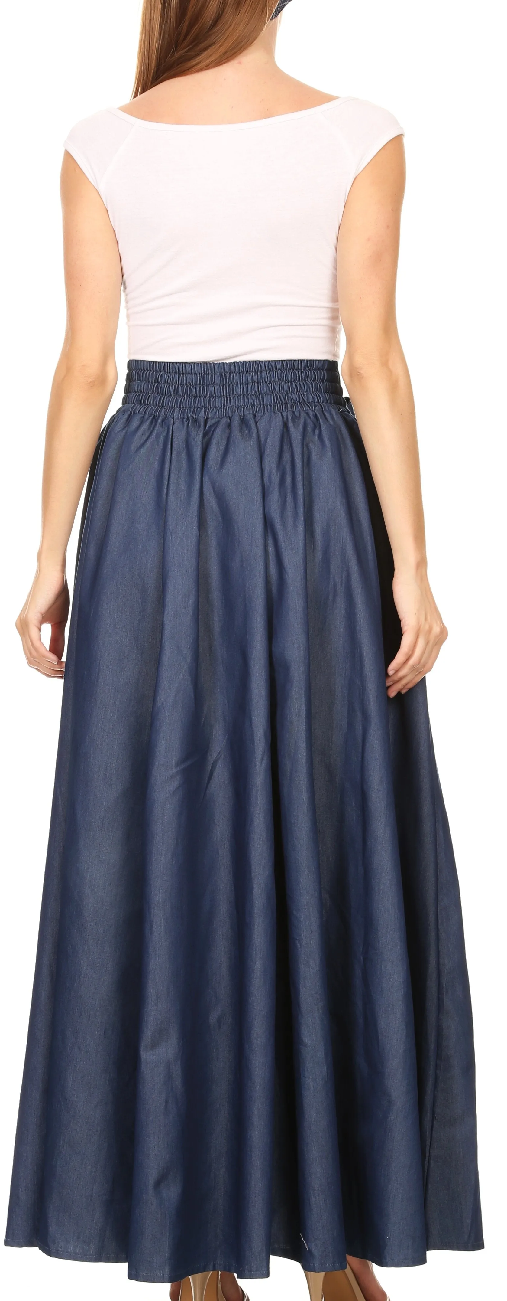 Sakkas Adisa Long Maxi Chambray Boho Casual Skirt with Elastic Waist