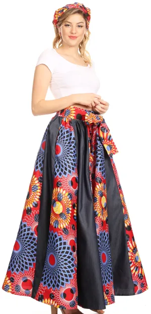 Sakkas Elif Women's Long Maxi African Ankara Print Skirt Elastic Waist & Pockets