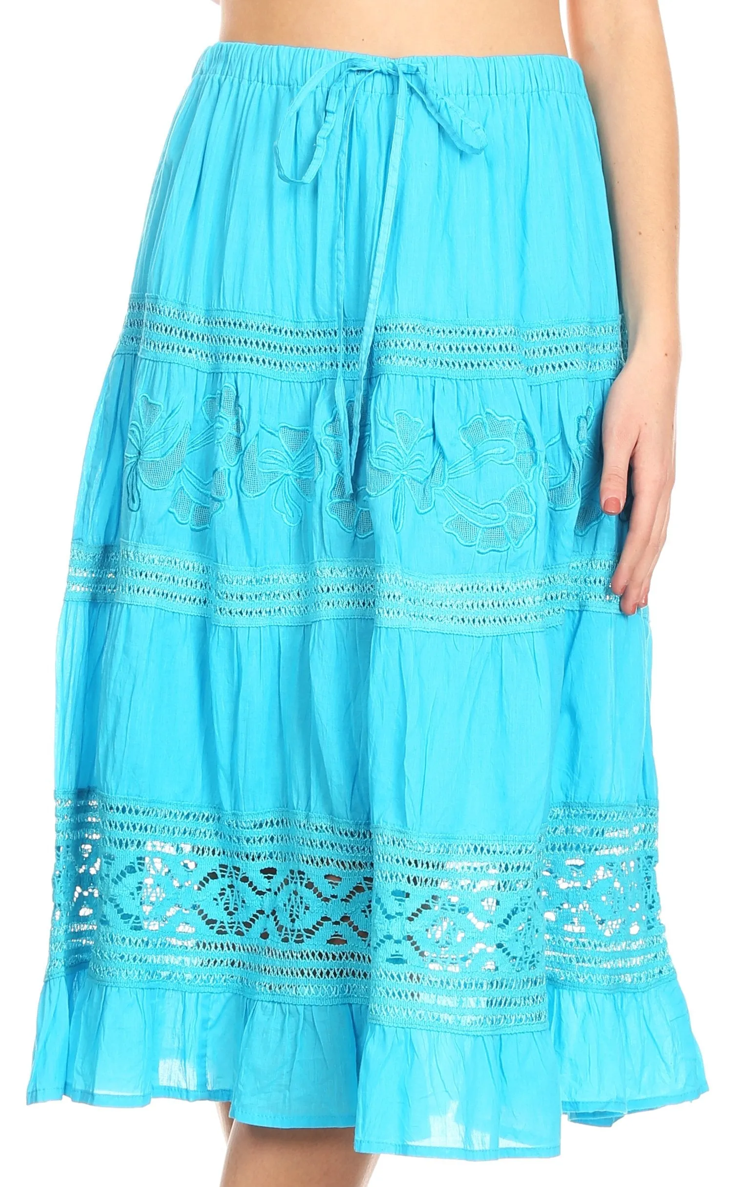 Sakkas Kezia Women's Bohemian Gypsy Casual Midi  Skirt A line Lace & Embroidery