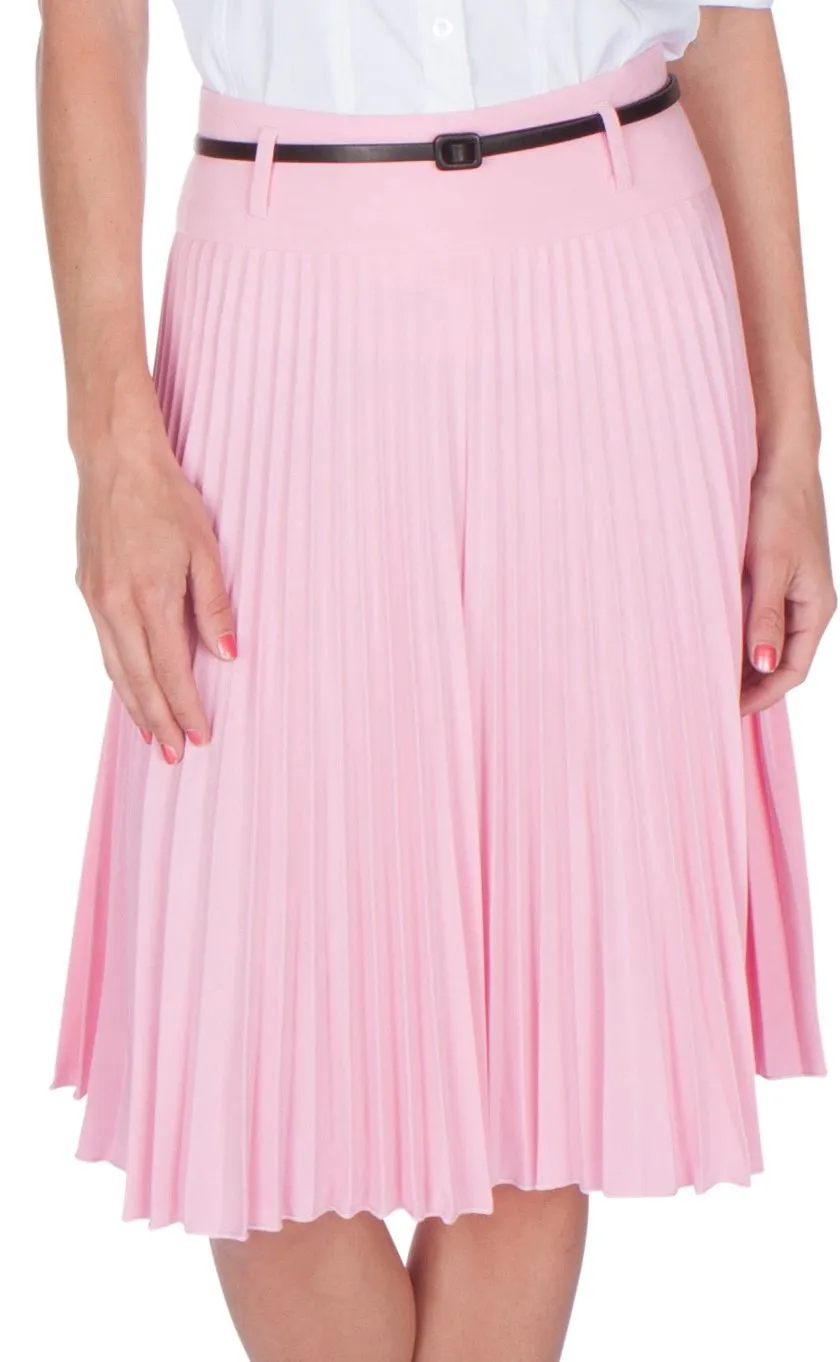 Sakkas Knee Length Pleated A-Line Skirt with Skinny Belt