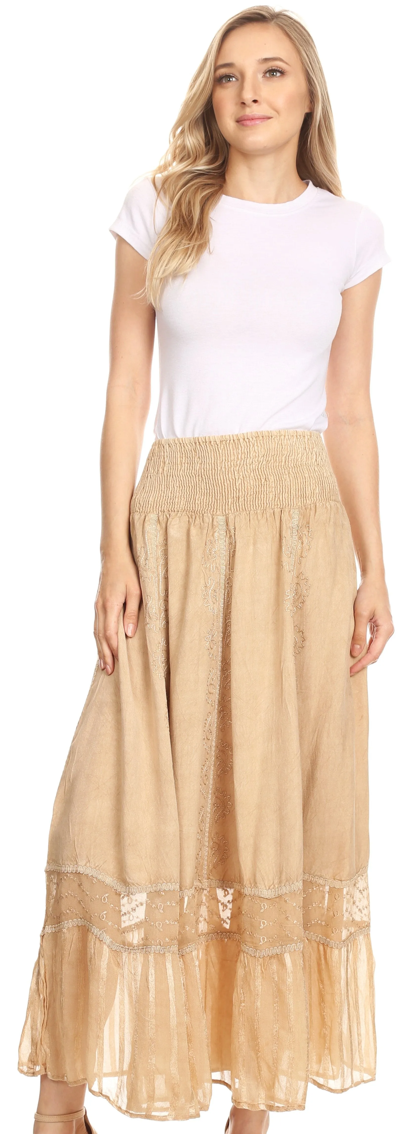 Sakkas Shamim Boho Maxi Long Skirt with Sheer Textured Panels W/ Smocked Waistband