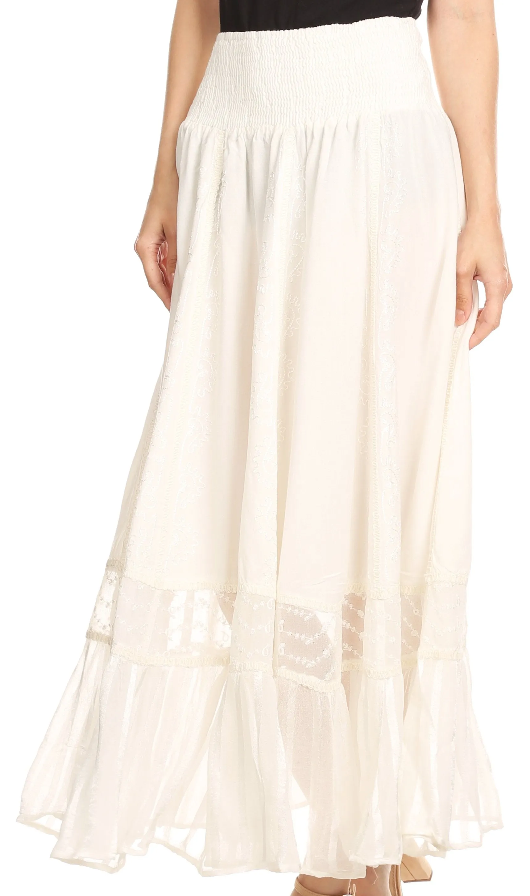 Sakkas Shamim Boho Maxi Long Skirt with Sheer Textured Panels W/ Smocked Waistband