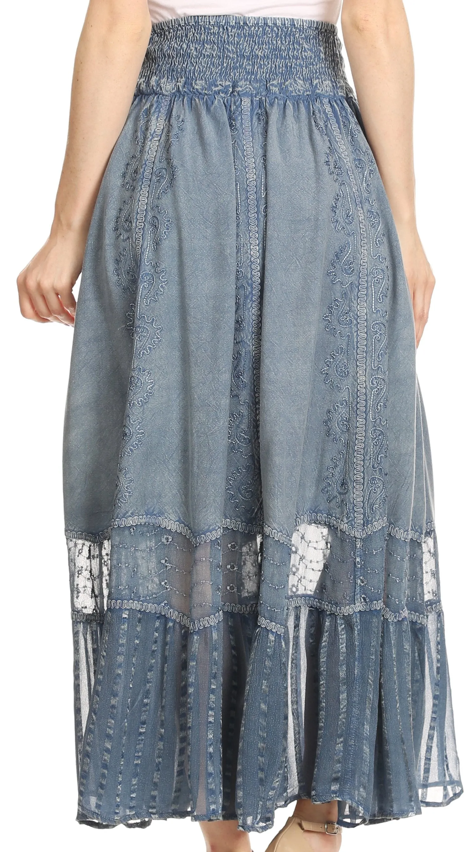 Sakkas Shamim Boho Maxi Long Skirt with Sheer Textured Panels W/ Smocked Waistband