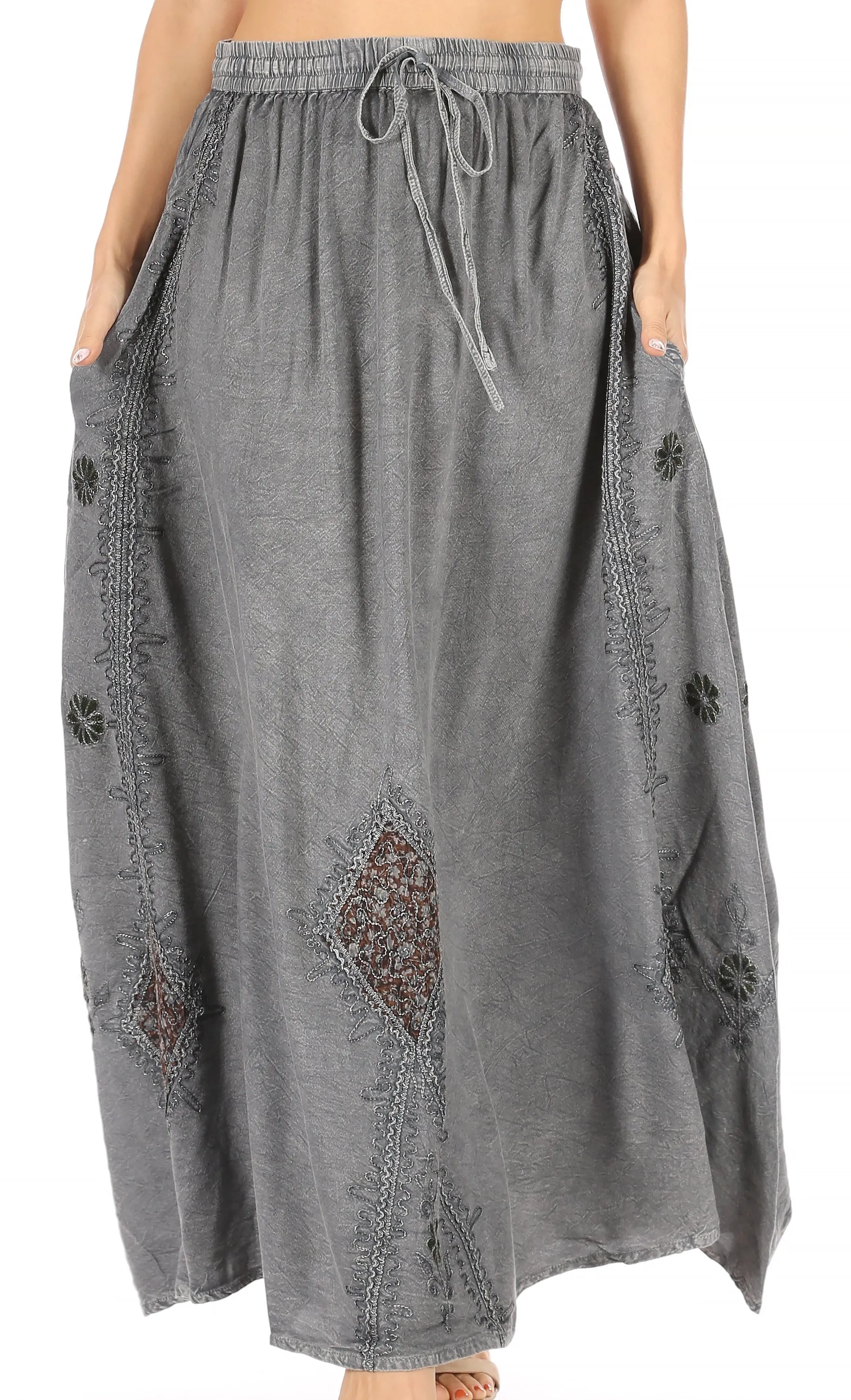 Sakkas Zarah Women's Boho Embroidery Gypsy Skirt with Lace Elastic Waist Pockets