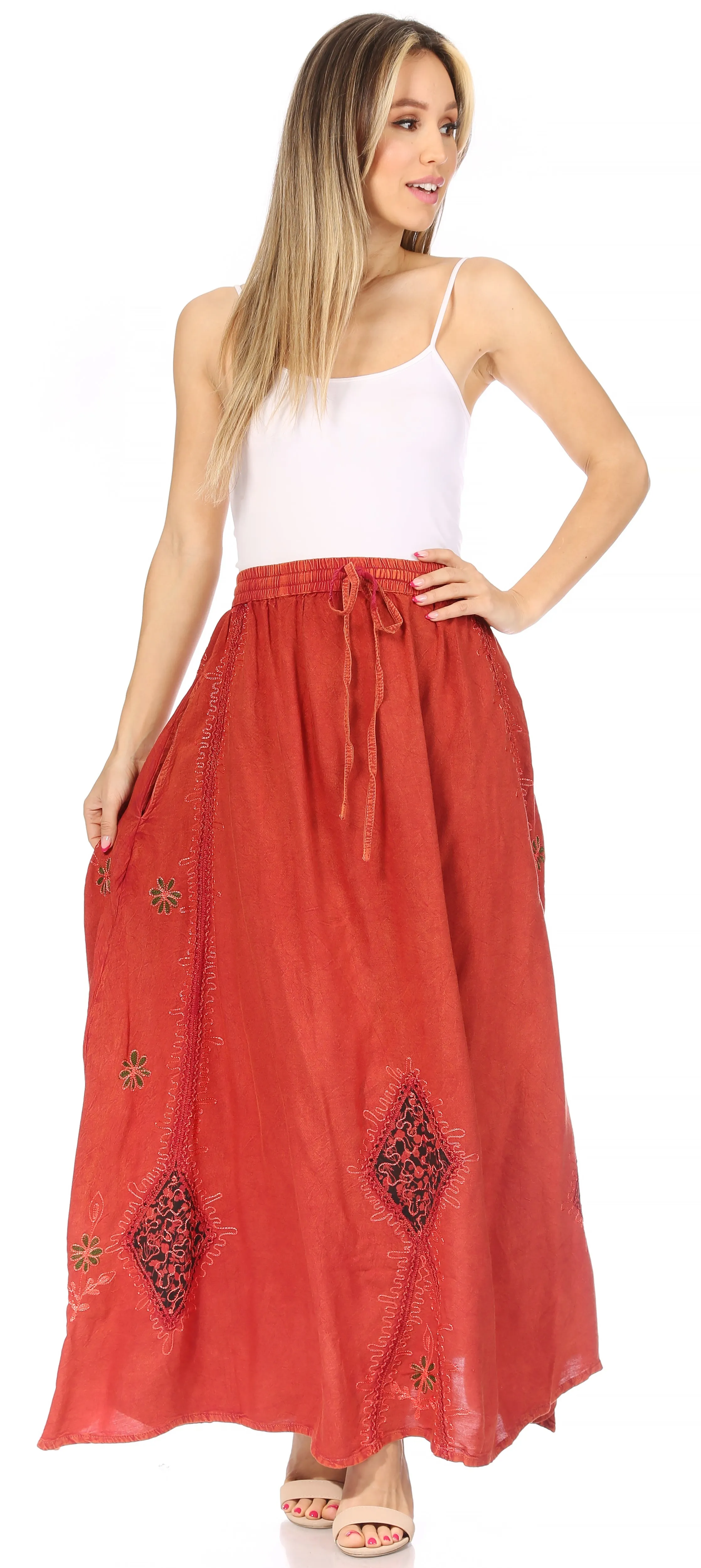 Sakkas Zarah Women's Boho Embroidery Gypsy Skirt with Lace Elastic Waist Pockets