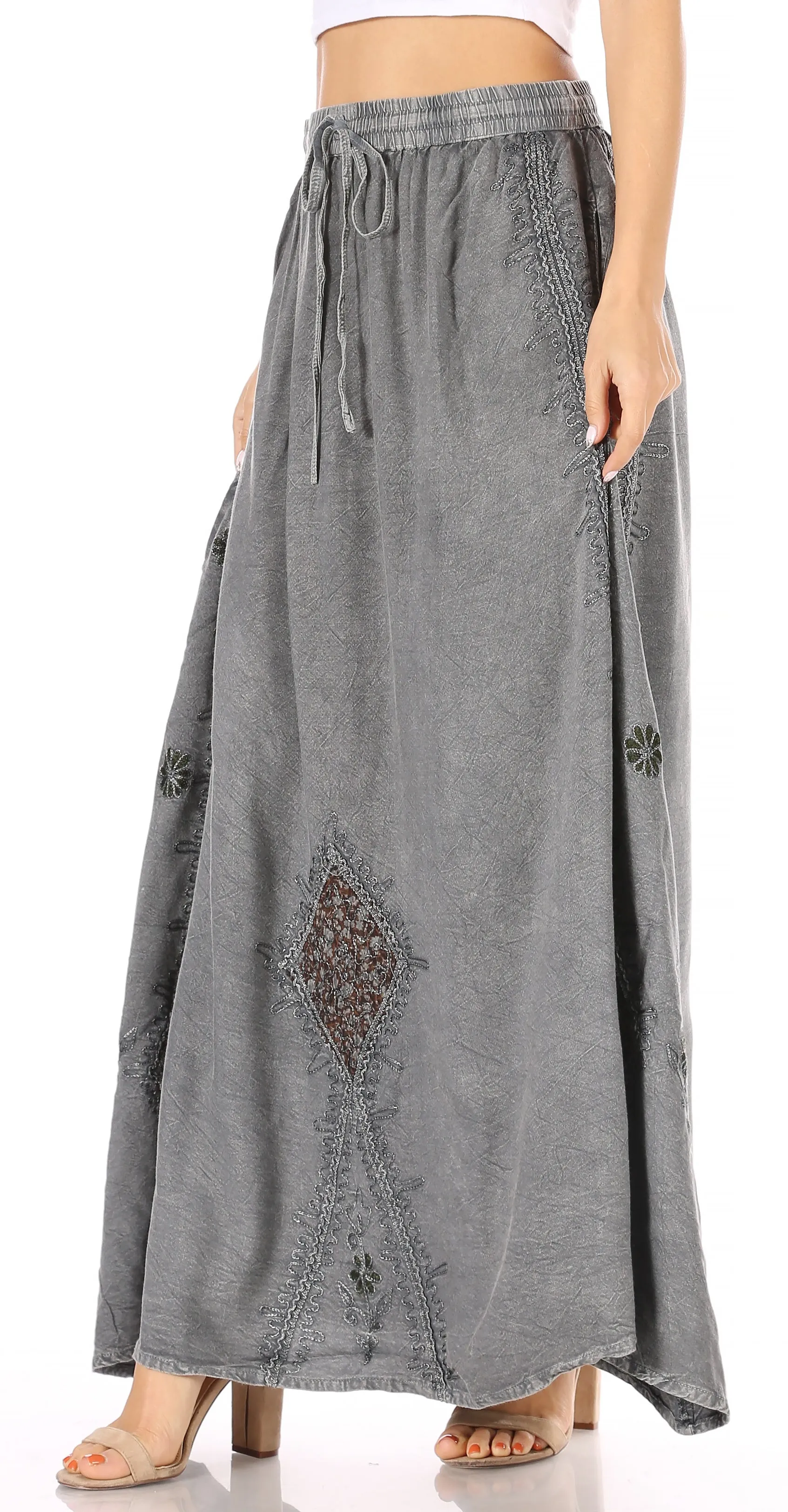 Sakkas Zarah Women's Boho Embroidery Gypsy Skirt with Lace Elastic Waist Pockets