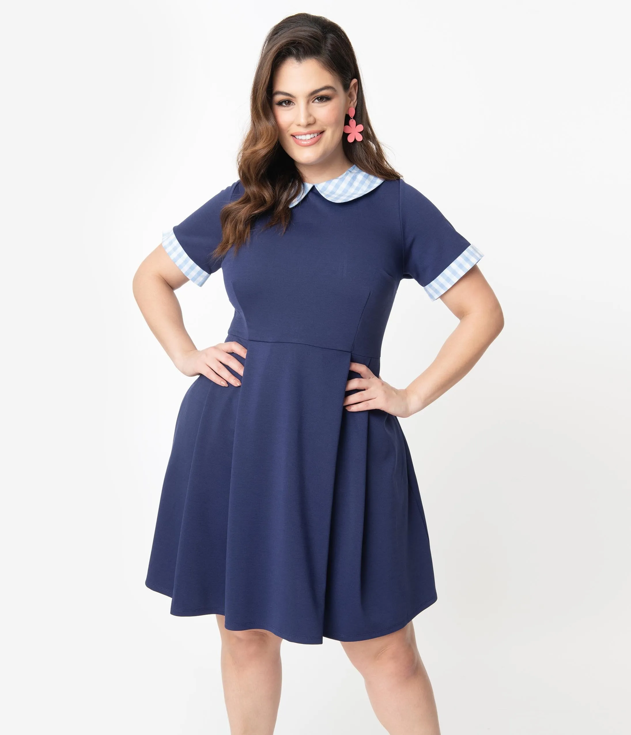 Smak Parlour Plus Size Navy & Light Blue Gingham Pin Dot Babe Revolution Fit & Flare Dress