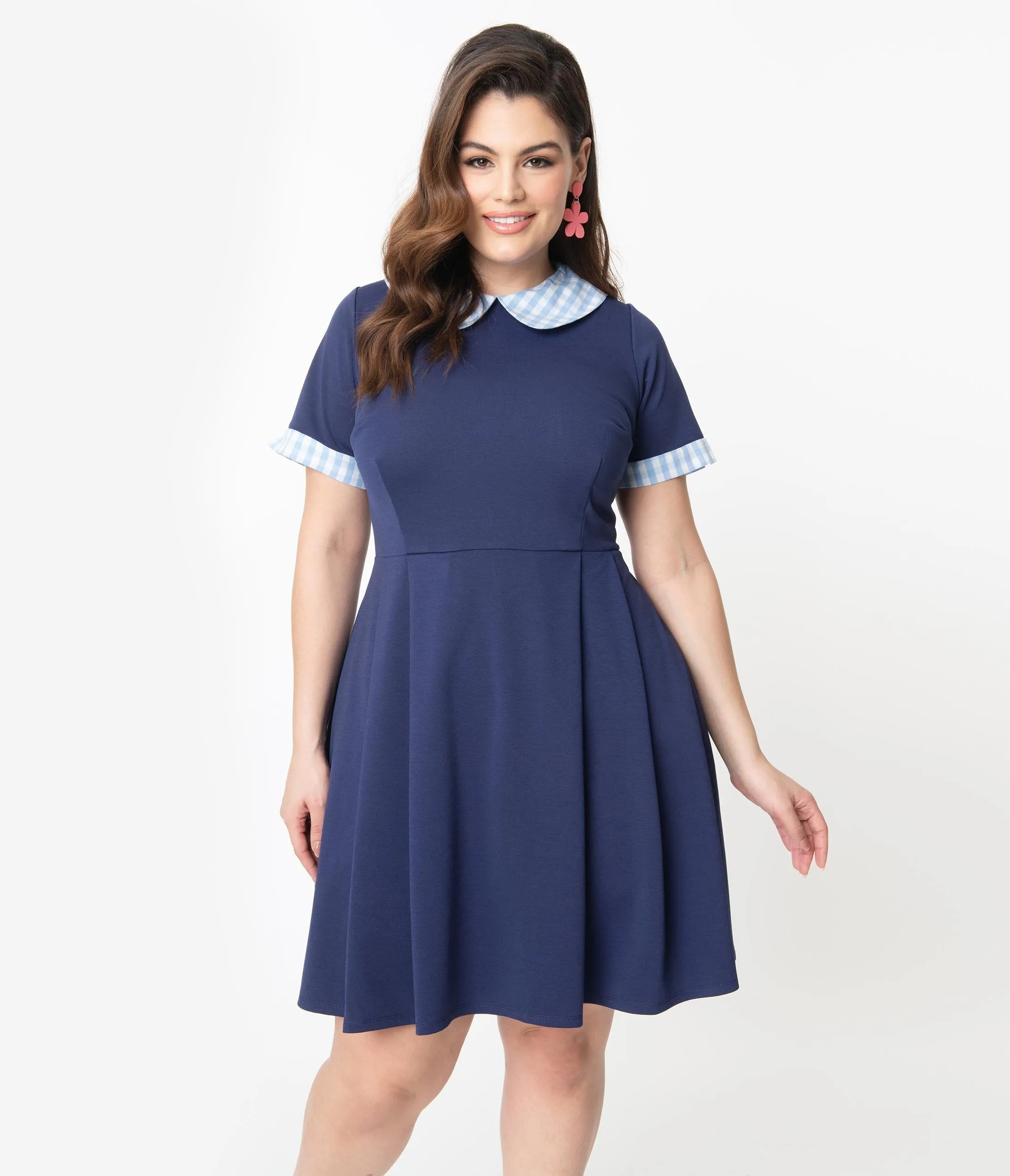 Smak Parlour Plus Size Navy & Light Blue Gingham Pin Dot Babe Revolution Fit & Flare Dress