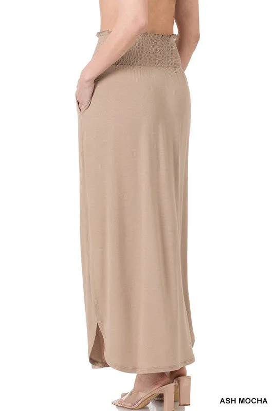 Smocked Waist Side Slit Maxi Skirt with Pockets