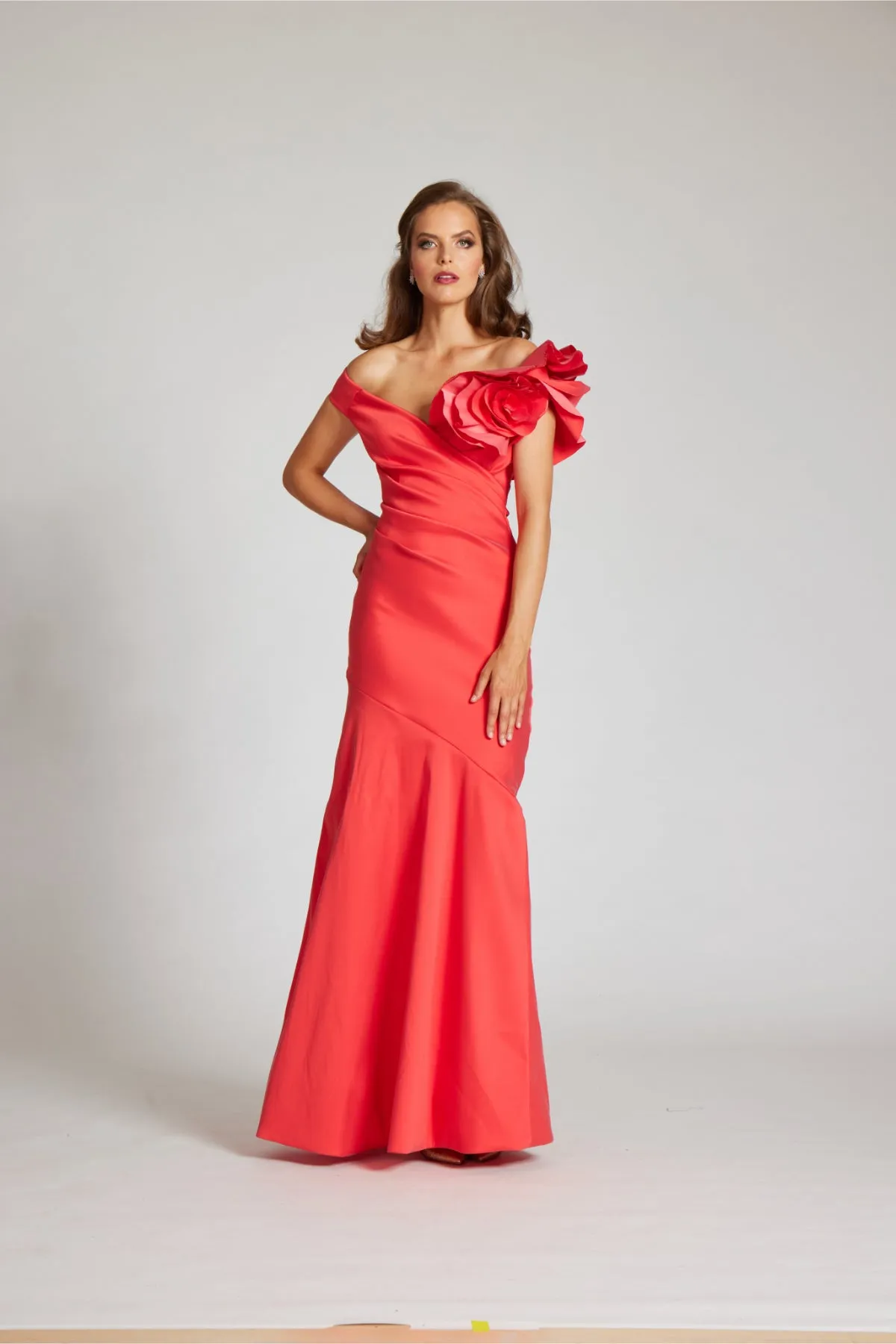 Stretch Gazar Off the Shoulder Side Drape Gown