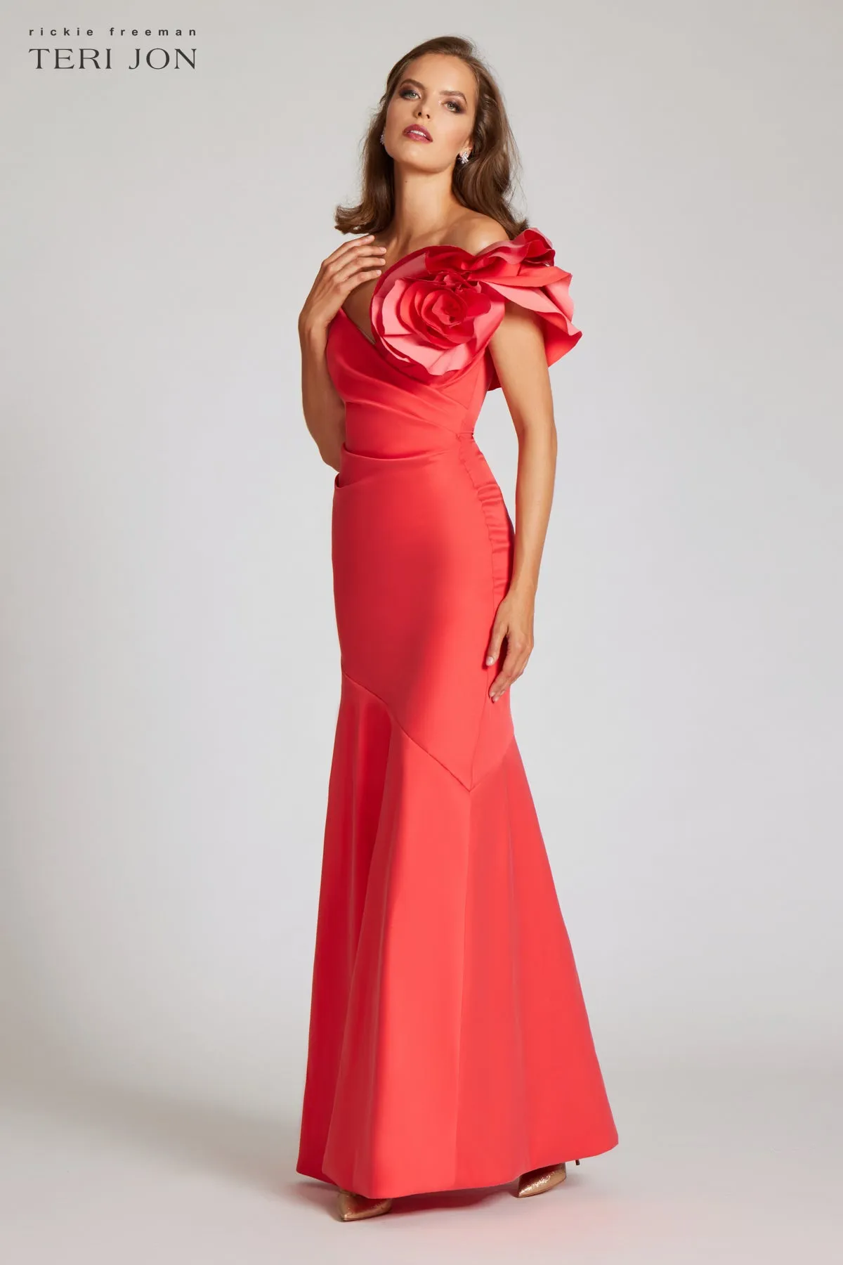 Stretch Gazar Off the Shoulder Side Drape Gown