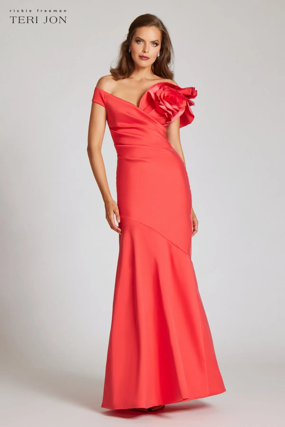 Stretch Gazar Off the Shoulder Side Drape Gown