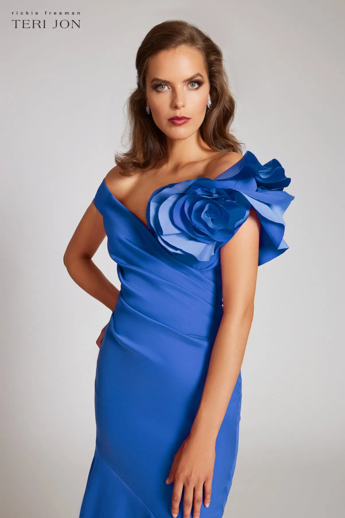 Stretch Gazar Off the Shoulder Side Drape Gown