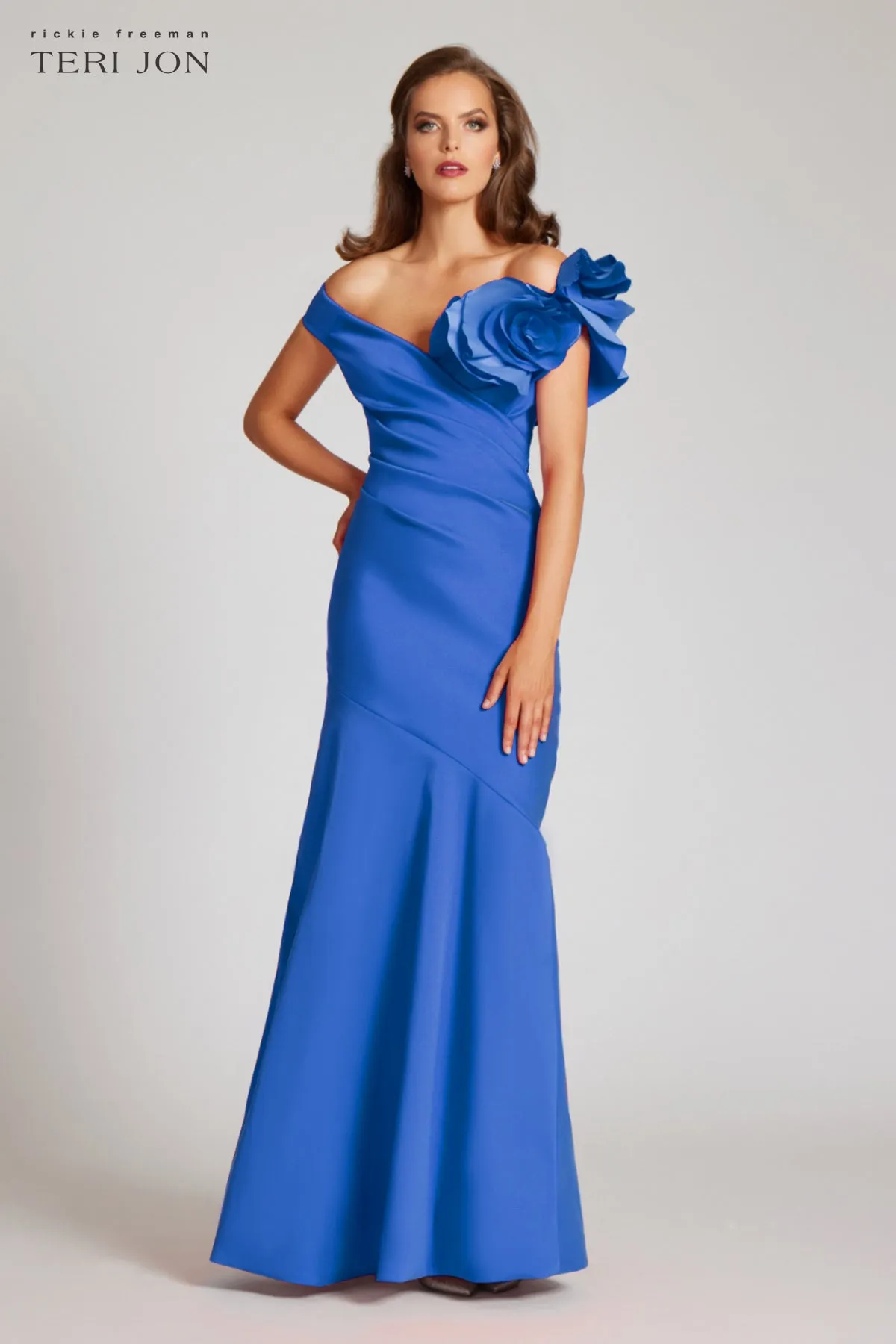 Stretch Gazar Off the Shoulder Side Drape Gown