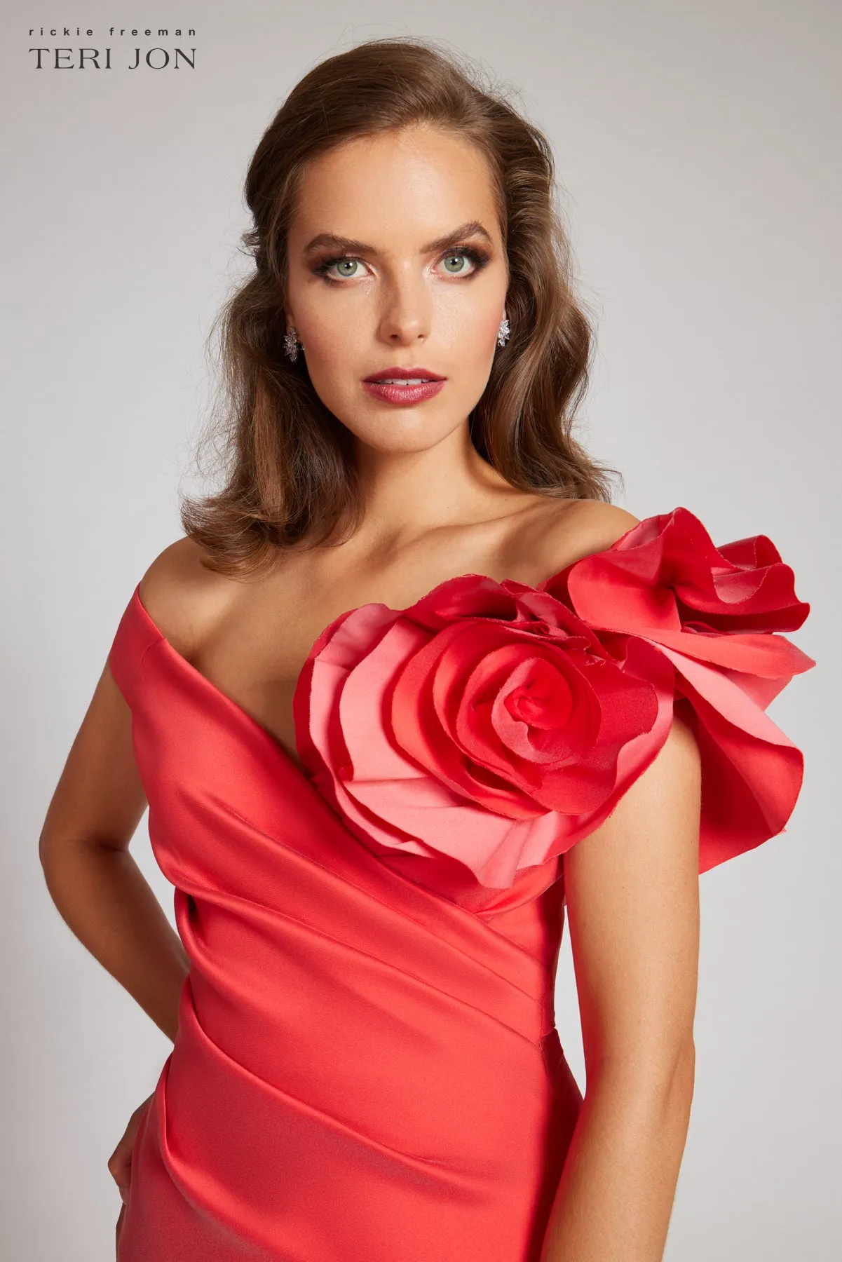 Stretch Gazar Off the Shoulder Side Drape Gown