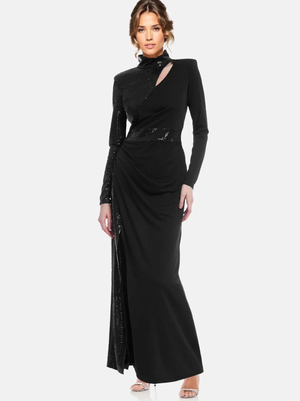 The Bridgette | Sleek High Neck Sequin Black Gown