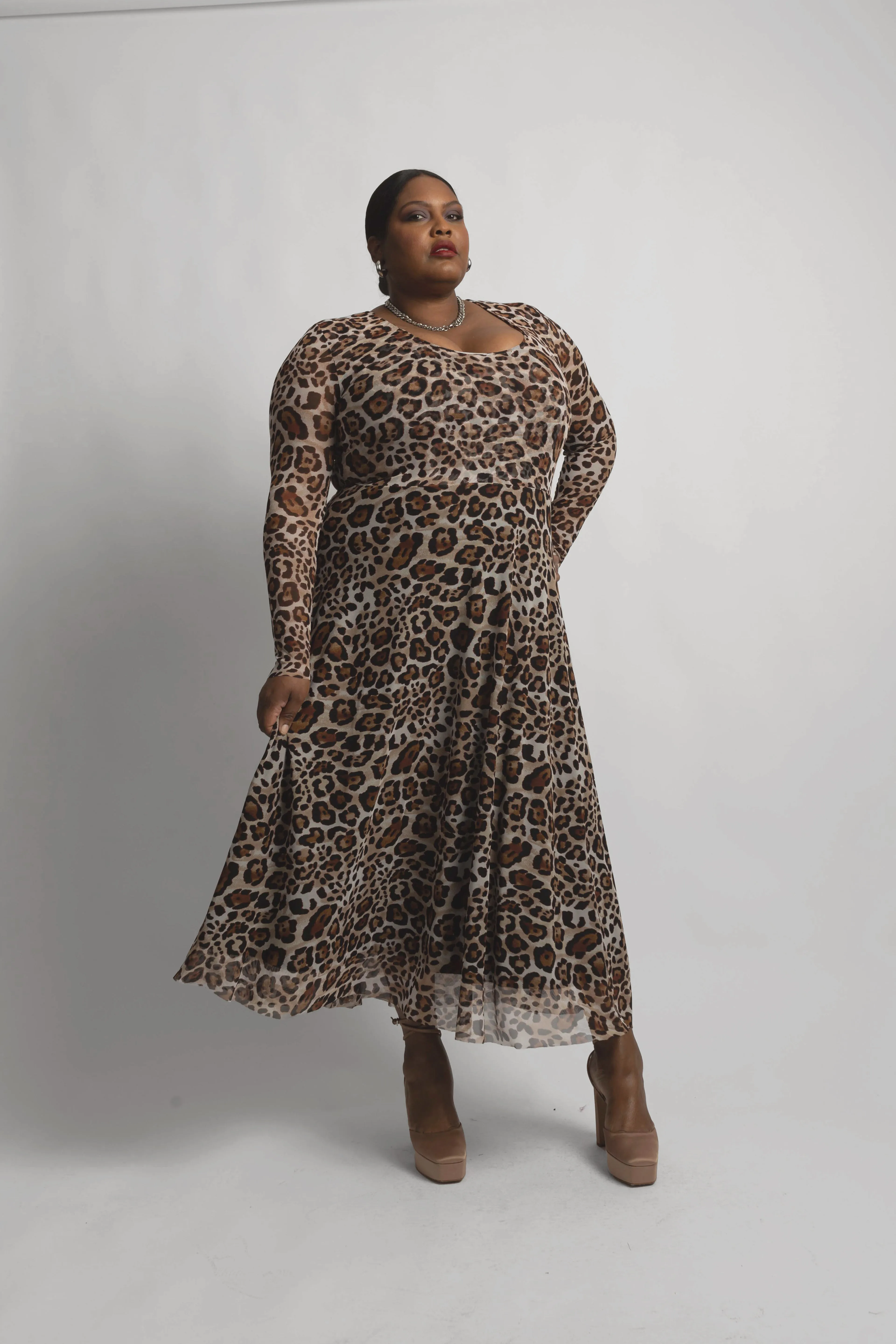 The Graham Classic Mesh Midi Dress- in New Leopard