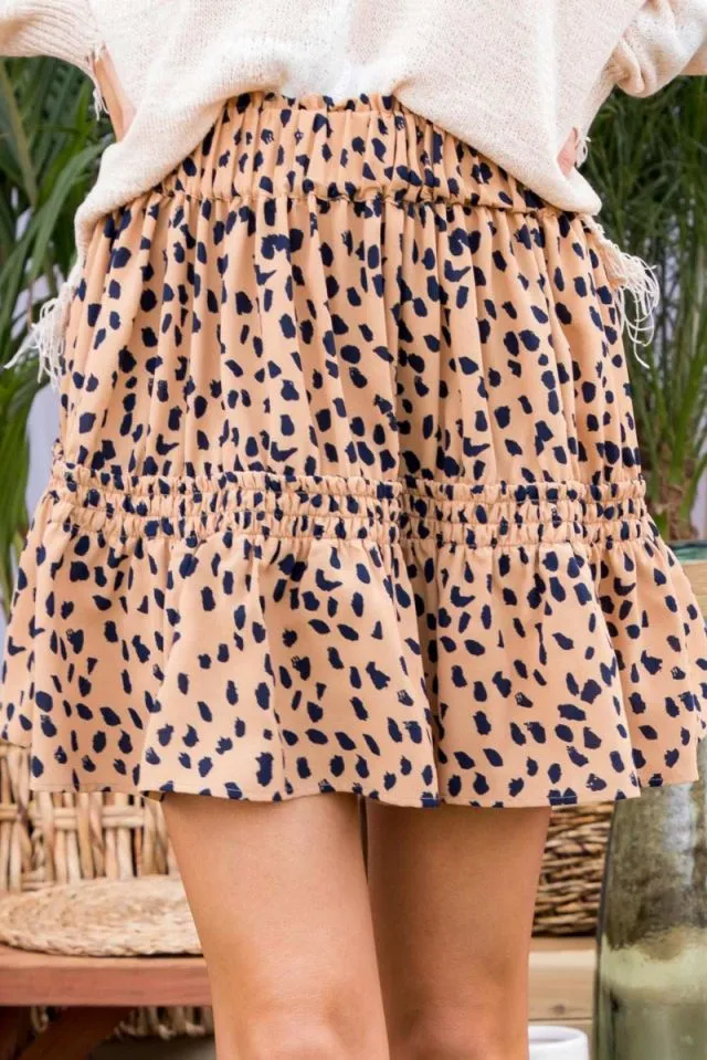 Tiered Leopard Mini Skirt, Taupe