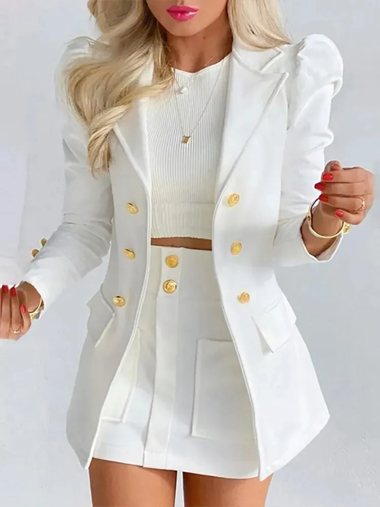 Trendy Two Piece Puff Sleeve Blazer And Skirt Set