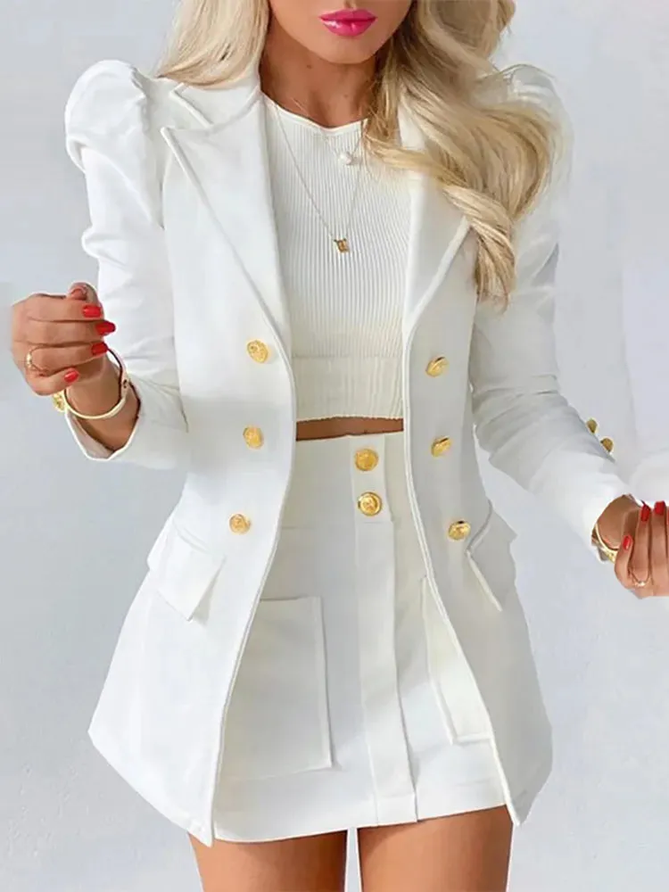 Trendy Two Piece Puff Sleeve Blazer And Skirt Set