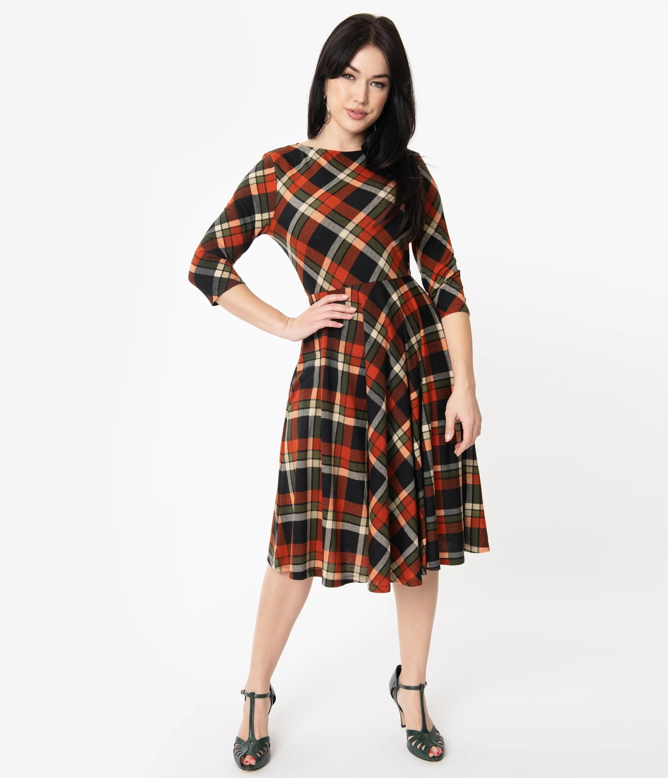 Unique Vintage 1950s Orange & Black Plaid Nicole Swing Dress