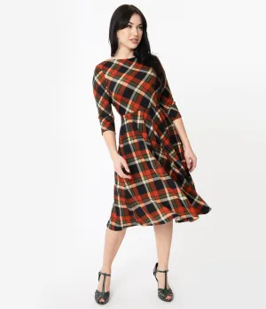 Unique Vintage 1950s Orange & Black Plaid Nicole Swing Dress