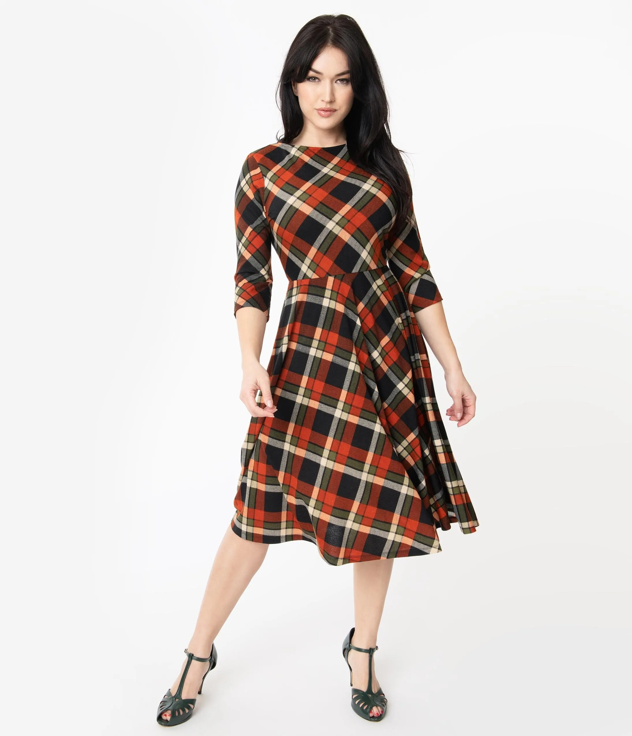 Unique Vintage 1950s Orange & Black Plaid Nicole Swing Dress