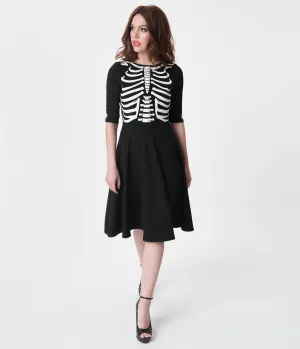 Unique Vintage Black Skeleton Bones Graves Swing Dress