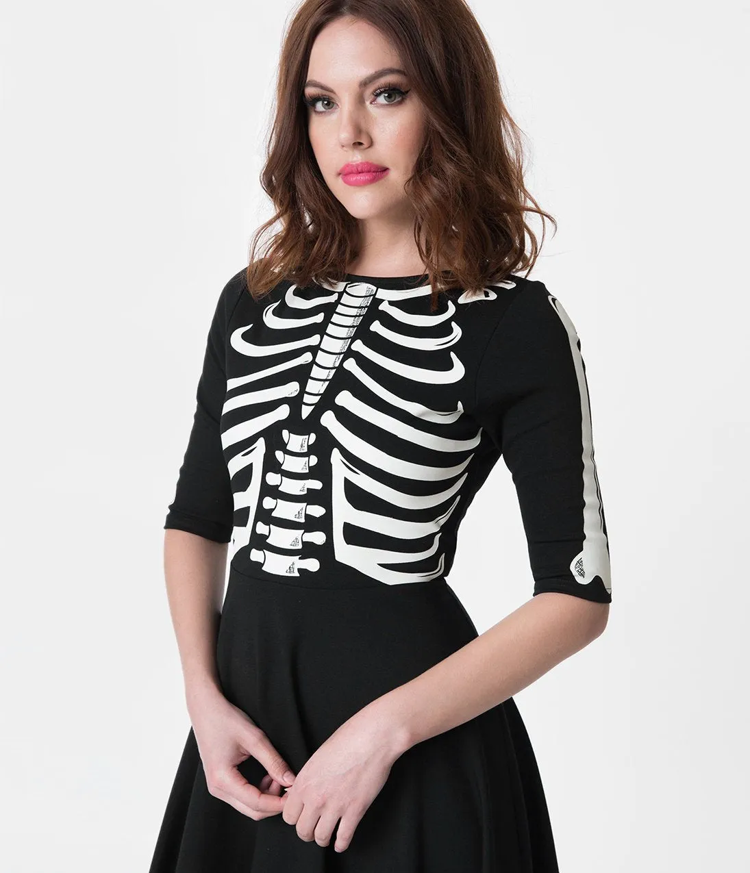 Unique Vintage Black Skeleton Bones Graves Swing Dress