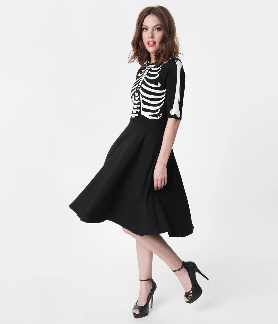 Unique Vintage Black Skeleton Bones Graves Swing Dress